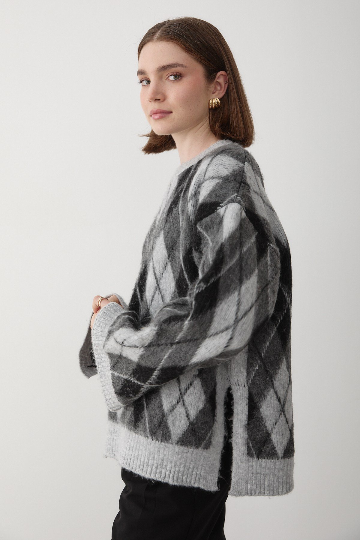 Kadın Gri Oversize Argyle Desenli Triko Kazak