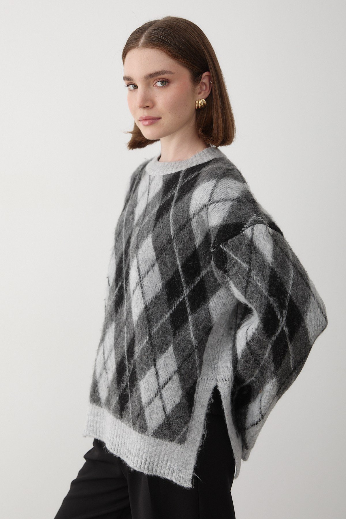 Kadın Gri Oversize Argyle Desenli Triko Kazak