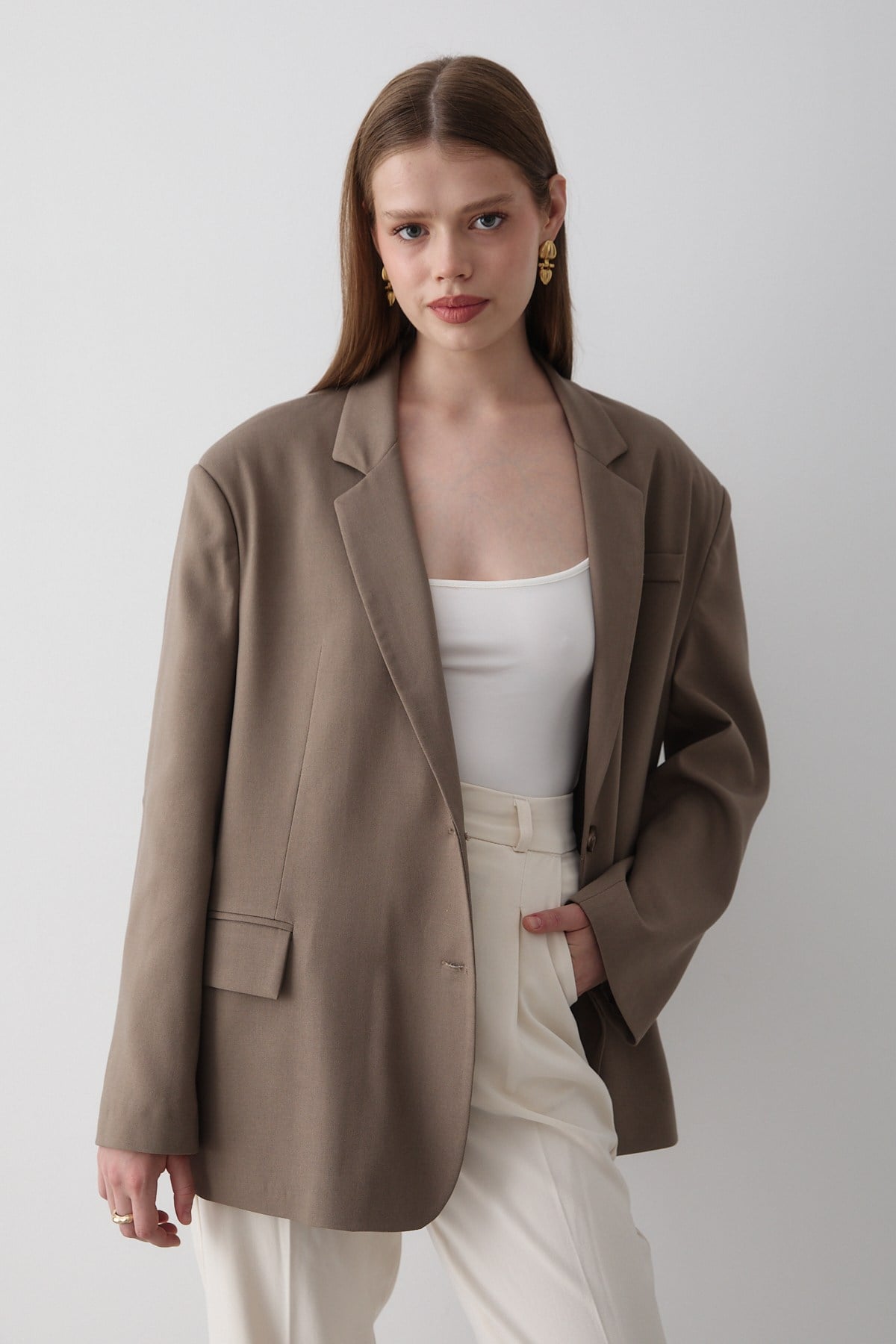 Kadın Haki Düğme Detaylı Oversize Blazer Ceket