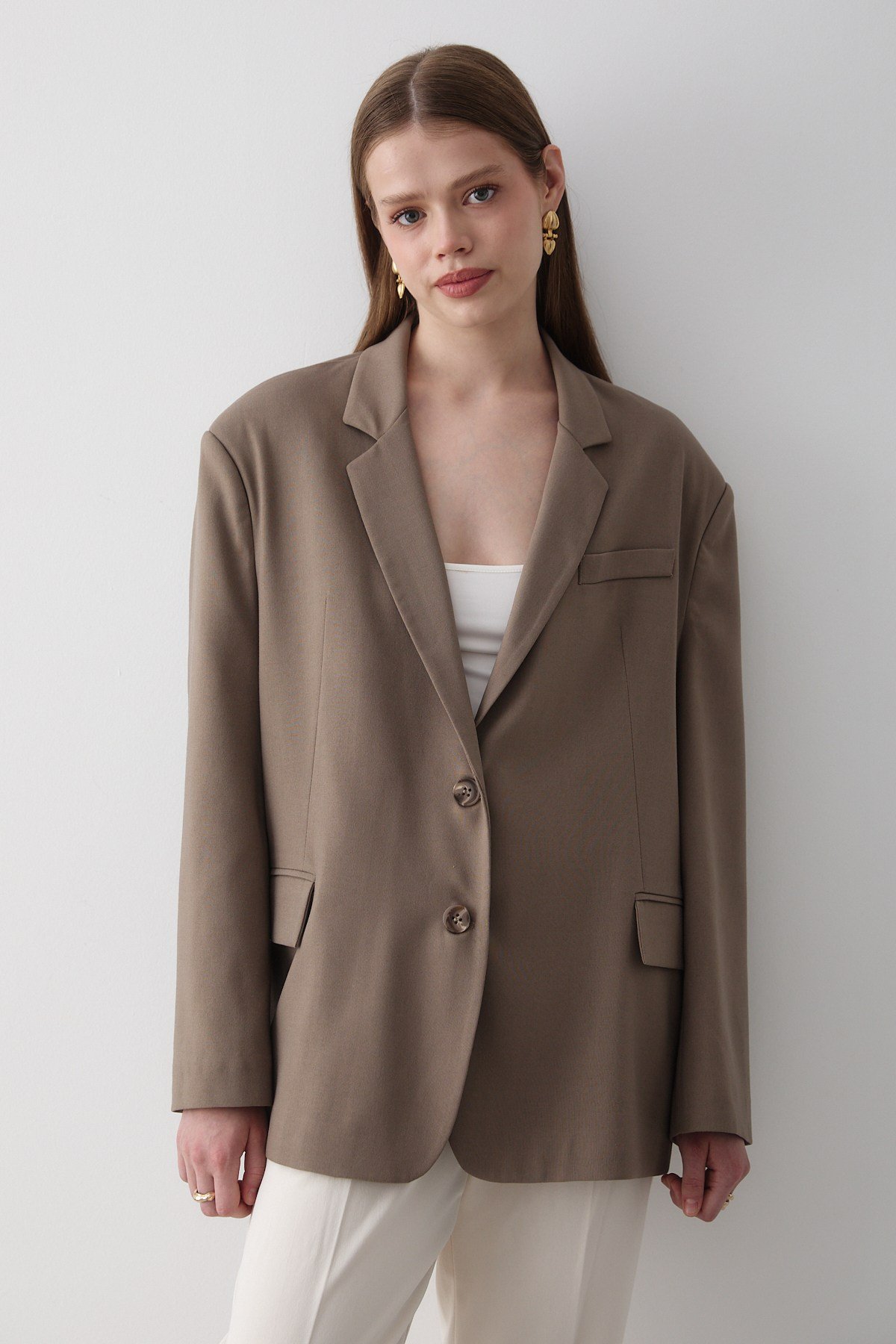 Kadın Haki Düğme Detaylı Oversize Blazer Ceket