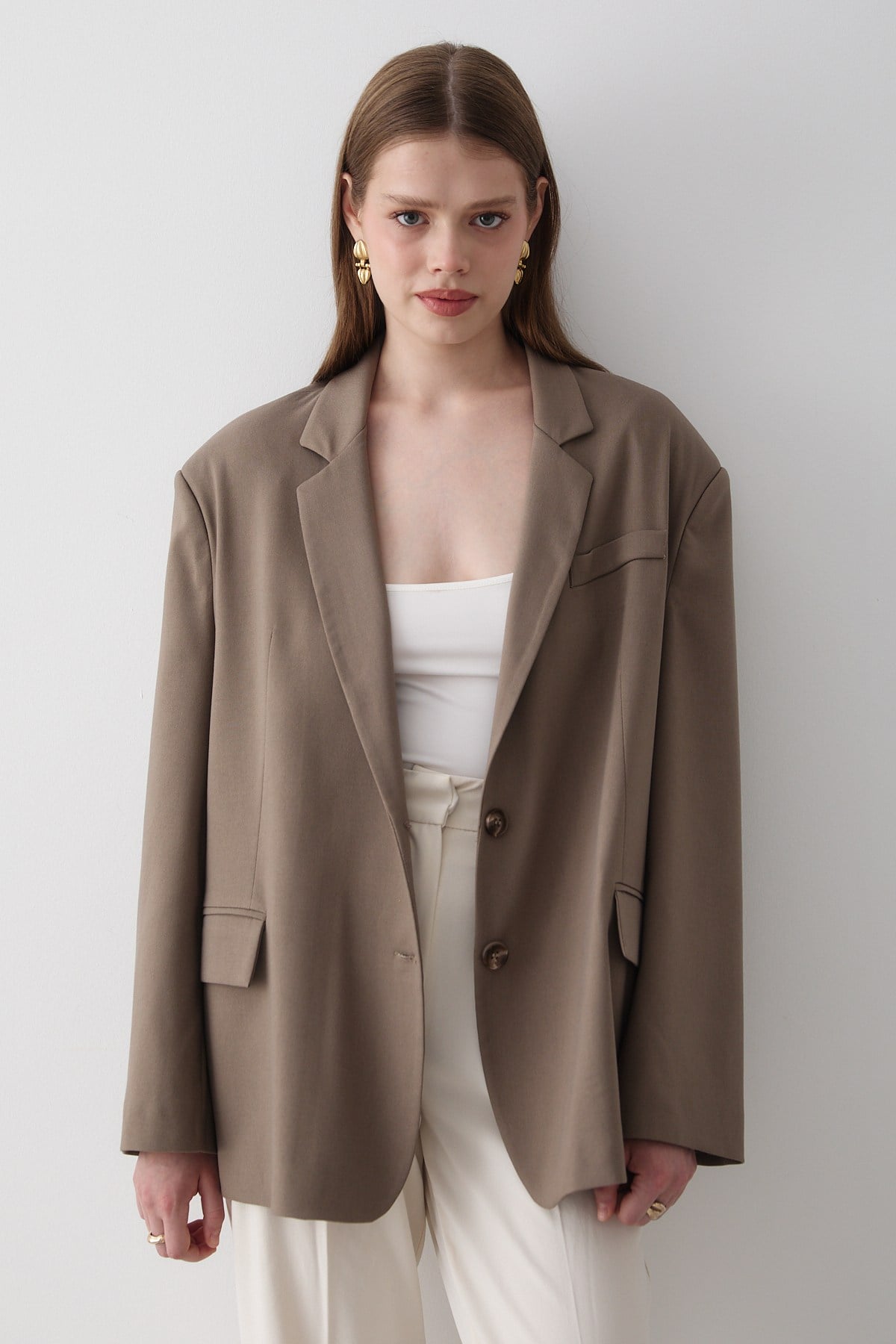 Kadın Haki Düğme Detaylı Oversize Blazer Ceket