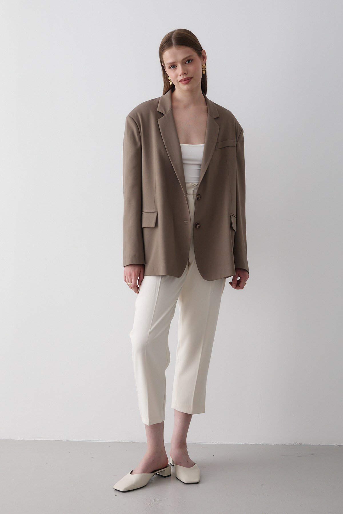 Kadın Haki Düğme Detaylı Oversize Blazer Ceket
