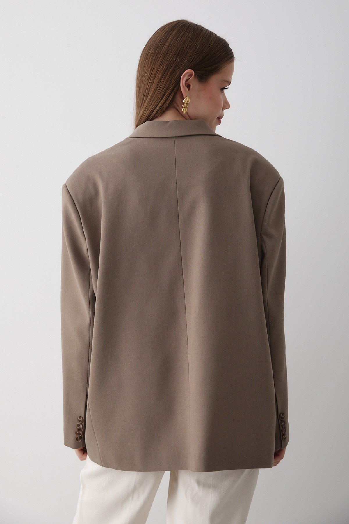 Kadın Haki Düğme Detaylı Oversize Blazer Ceket