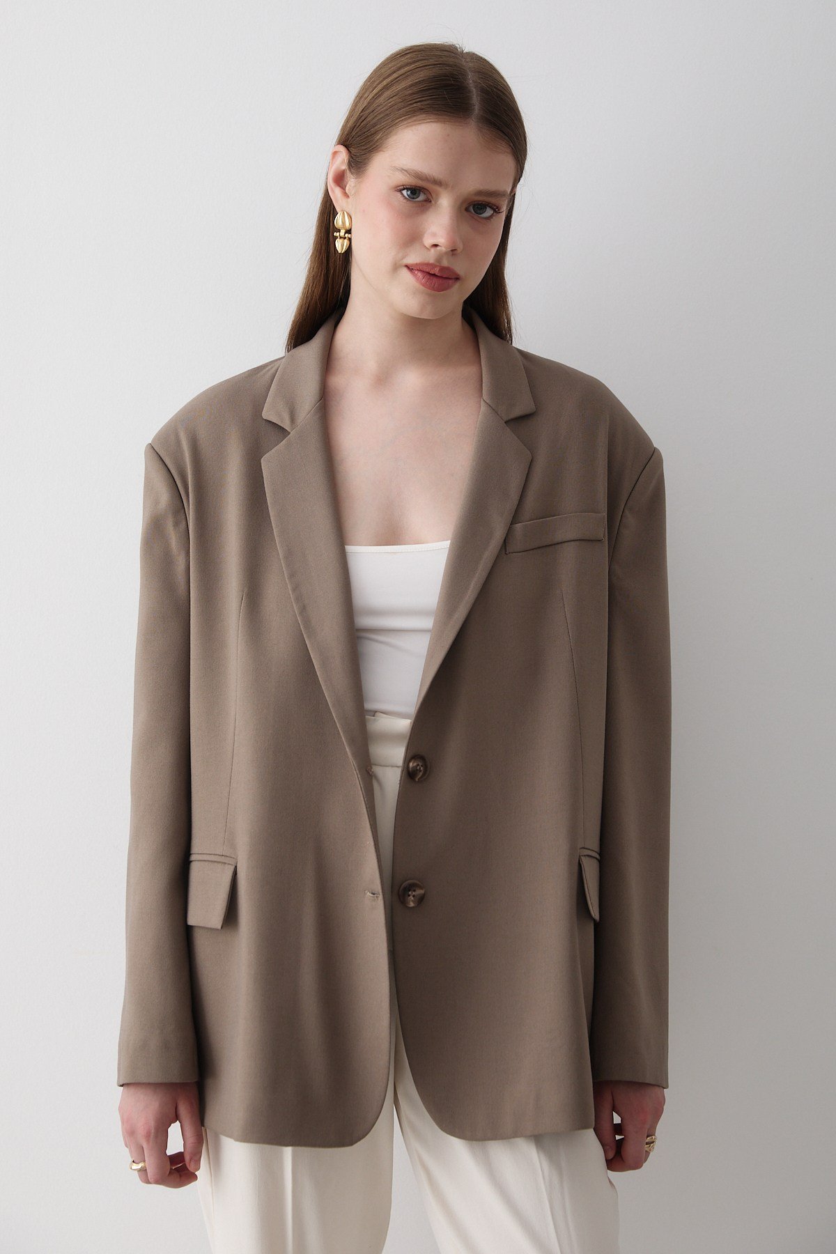 Kadın Haki Düğme Detaylı Oversize Blazer Ceket