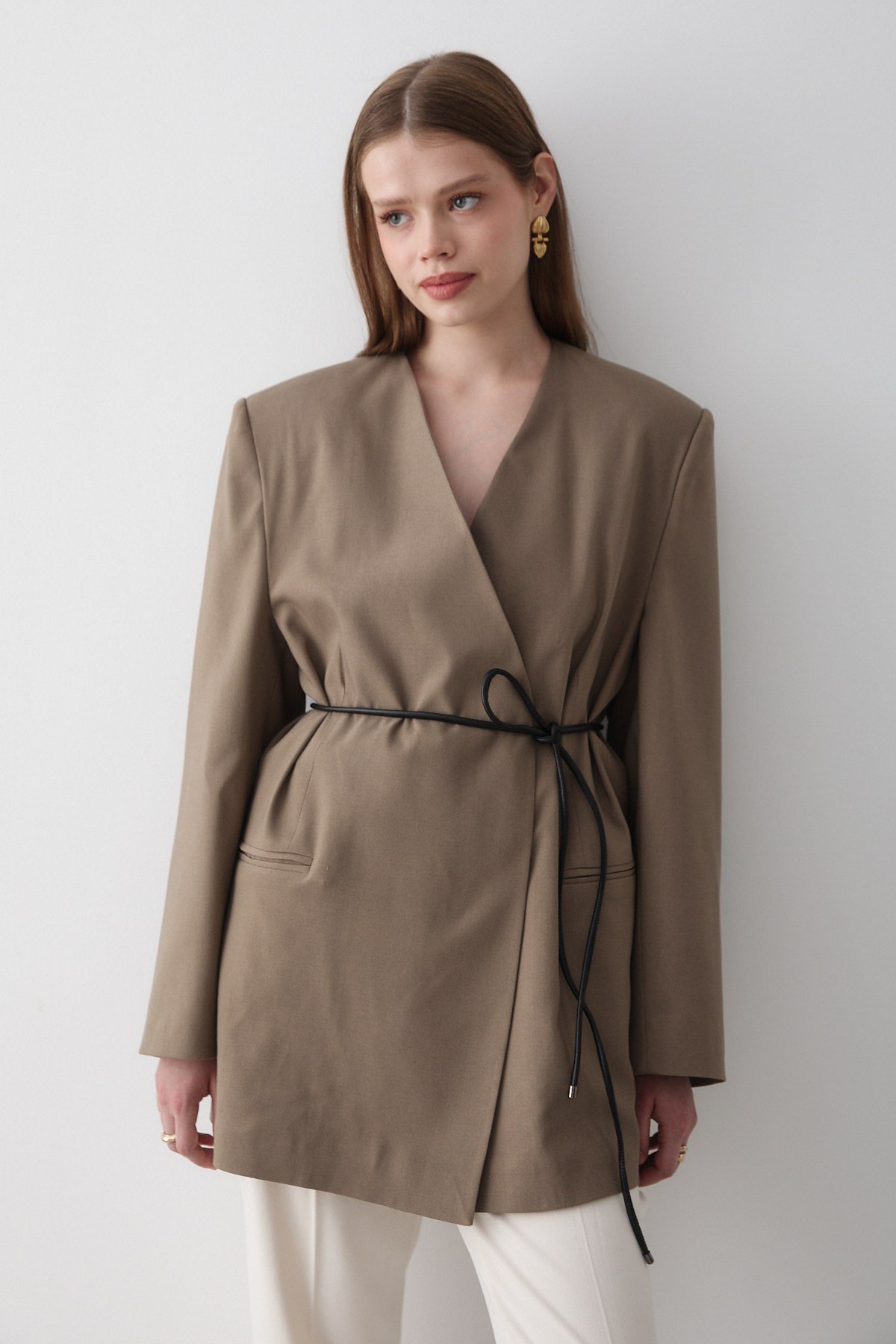 Kadın Haki Kruvaze Kemer Detaylı Oversize Blazer Ceket
