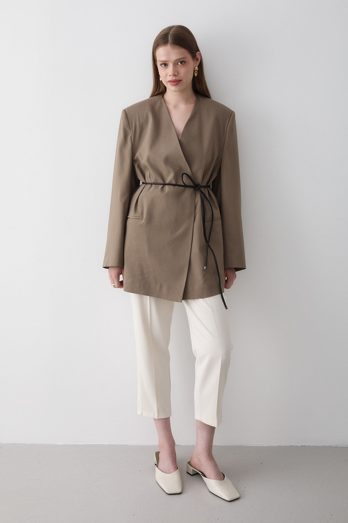Kadın Haki Kruvaze Kemer Detaylı Oversize Blazer Ceket