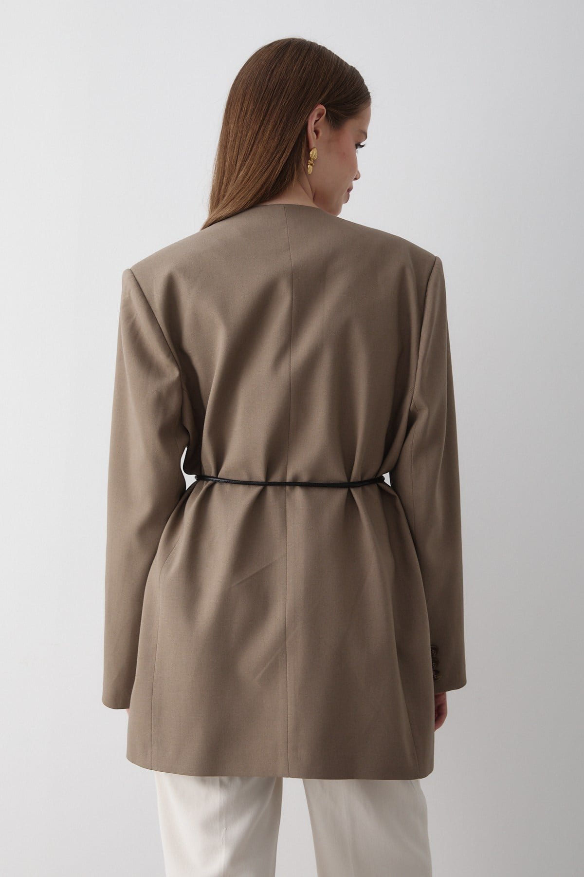 Kadın Haki Kruvaze Kemer Detaylı Oversize Blazer Ceket