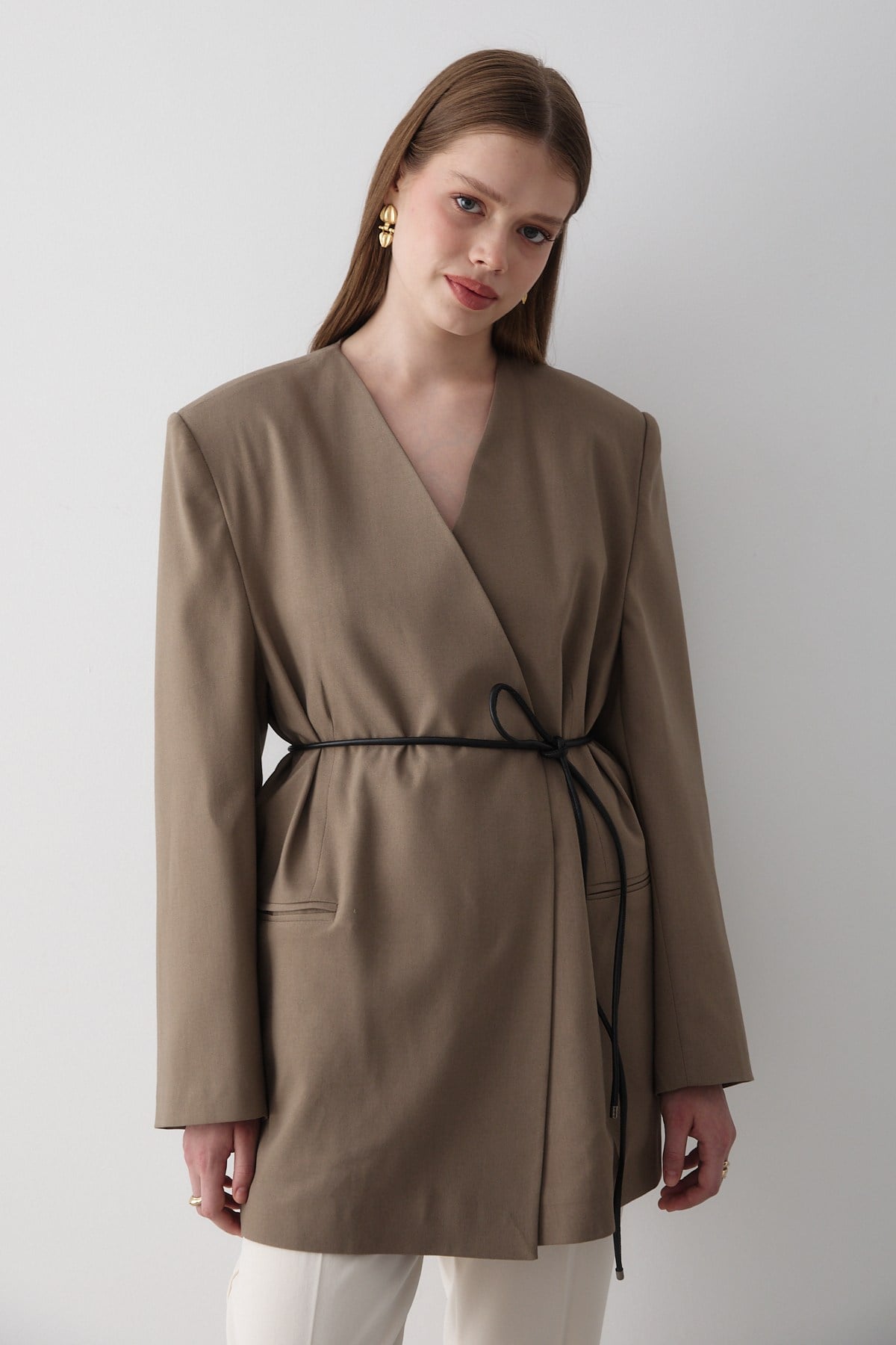 Kadın Haki Kruvaze Kemer Detaylı Oversize Blazer Ceket