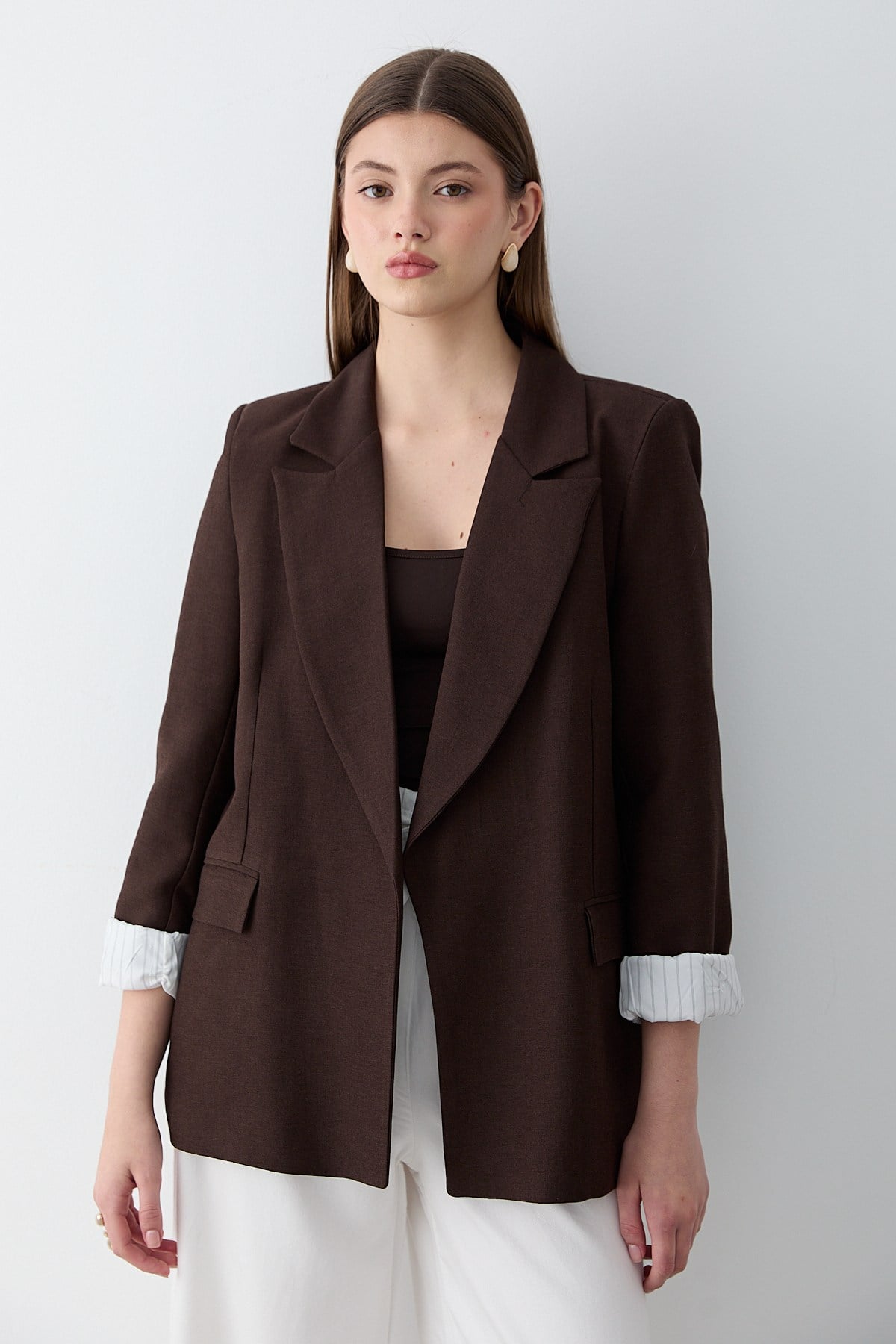 Kadın Kahverengi Çizgili İçi Astarlı Kol Detaylı Blazer Ceket