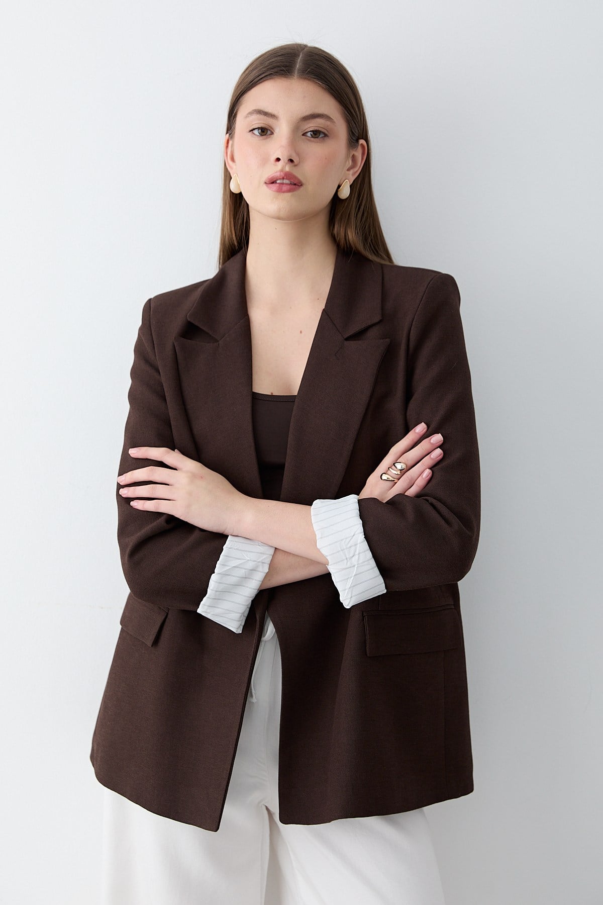 Kadın Kahverengi Çizgili İçi Astarlı Kol Detaylı Blazer Ceket