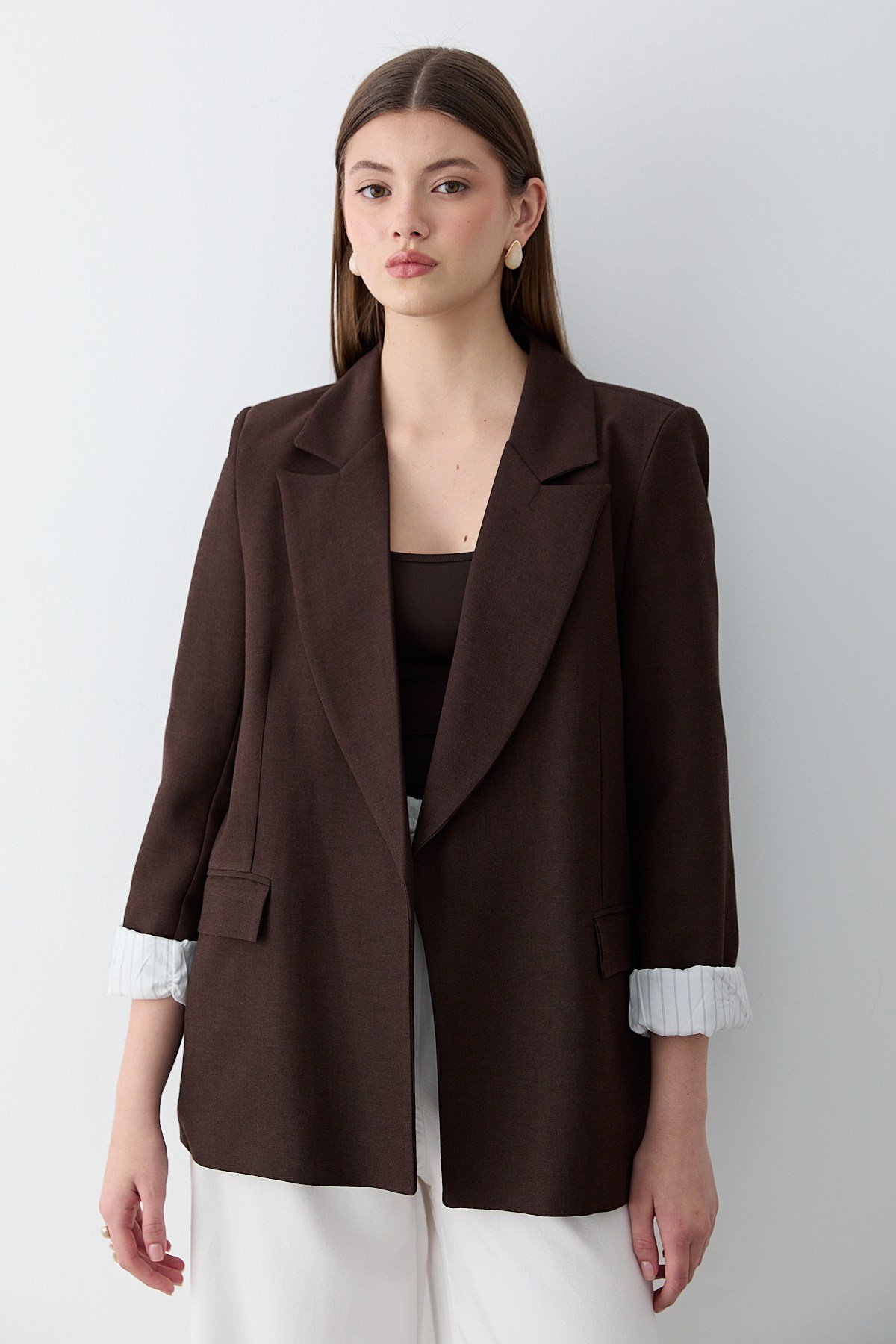 Kadın Kahverengi Çizgili İçi Astarlı Kol Detaylı Blazer Ceket