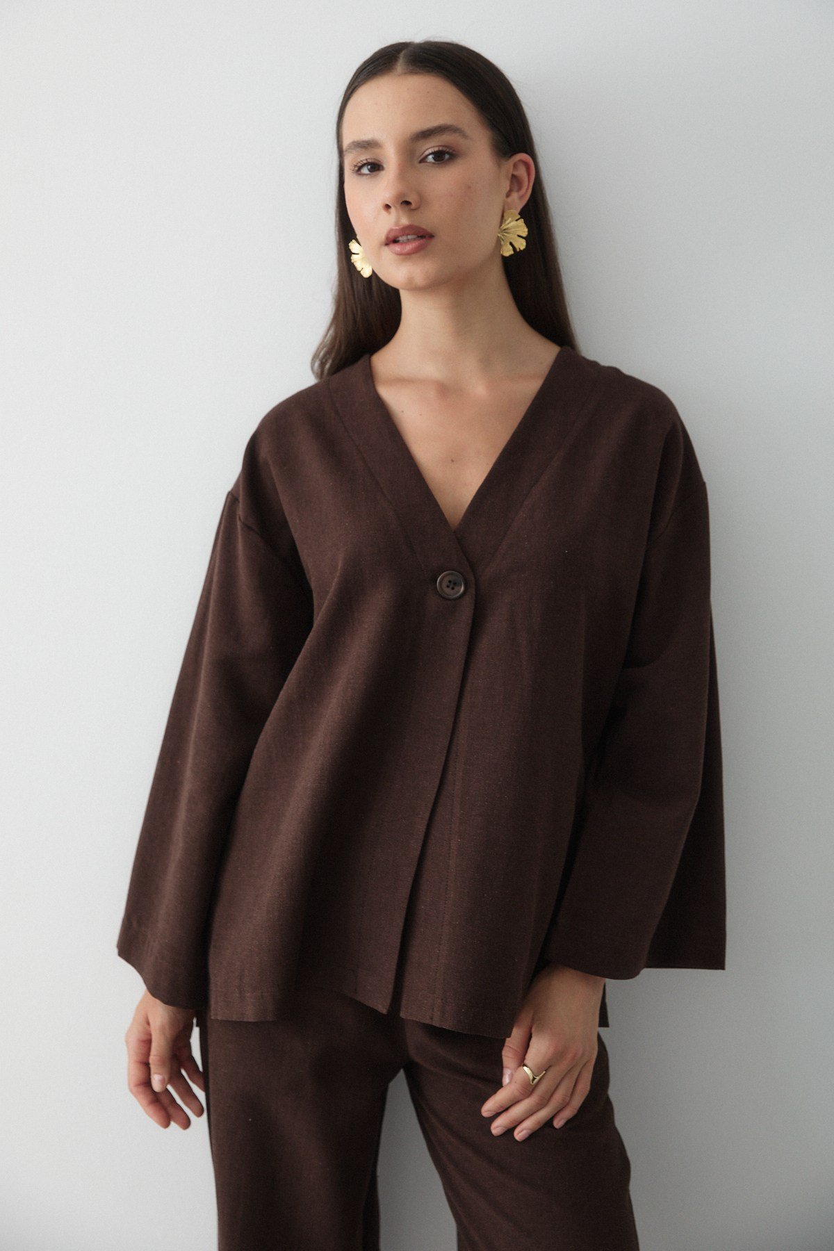 Kadın Kahverengi Düğmeli V Yaka Kimono & Beli Lastikli Pantolon Keten Alt & Üst Takım