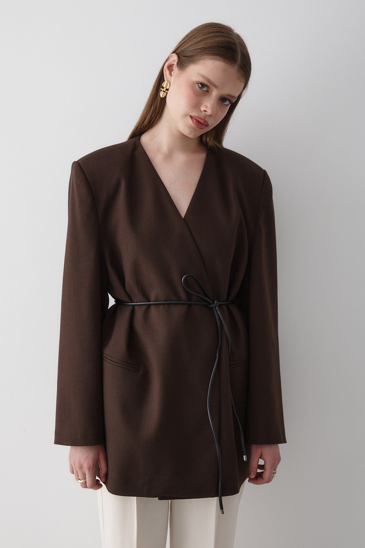 Kadın Kahverengi Kruvaze Kemer Detaylı Oversize Blazer Ceket