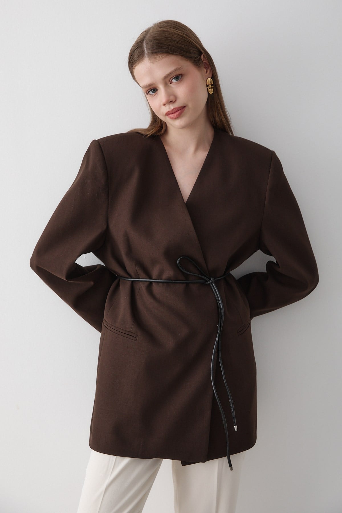 Kadın Kahverengi Kruvaze Kemer Detaylı Oversize Blazer Ceket