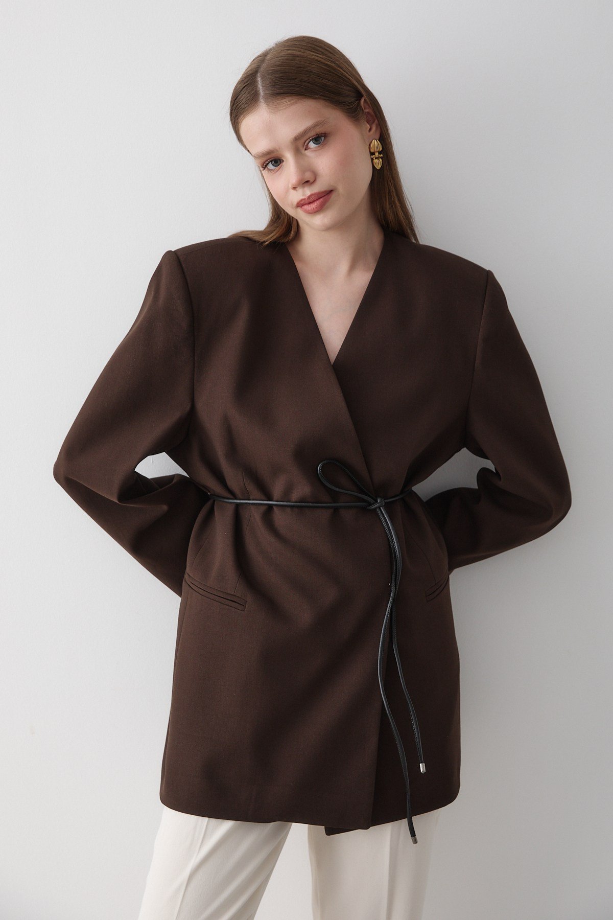 Kadın Kahverengi Kruvaze Kemer Detaylı Oversize Blazer Ceket