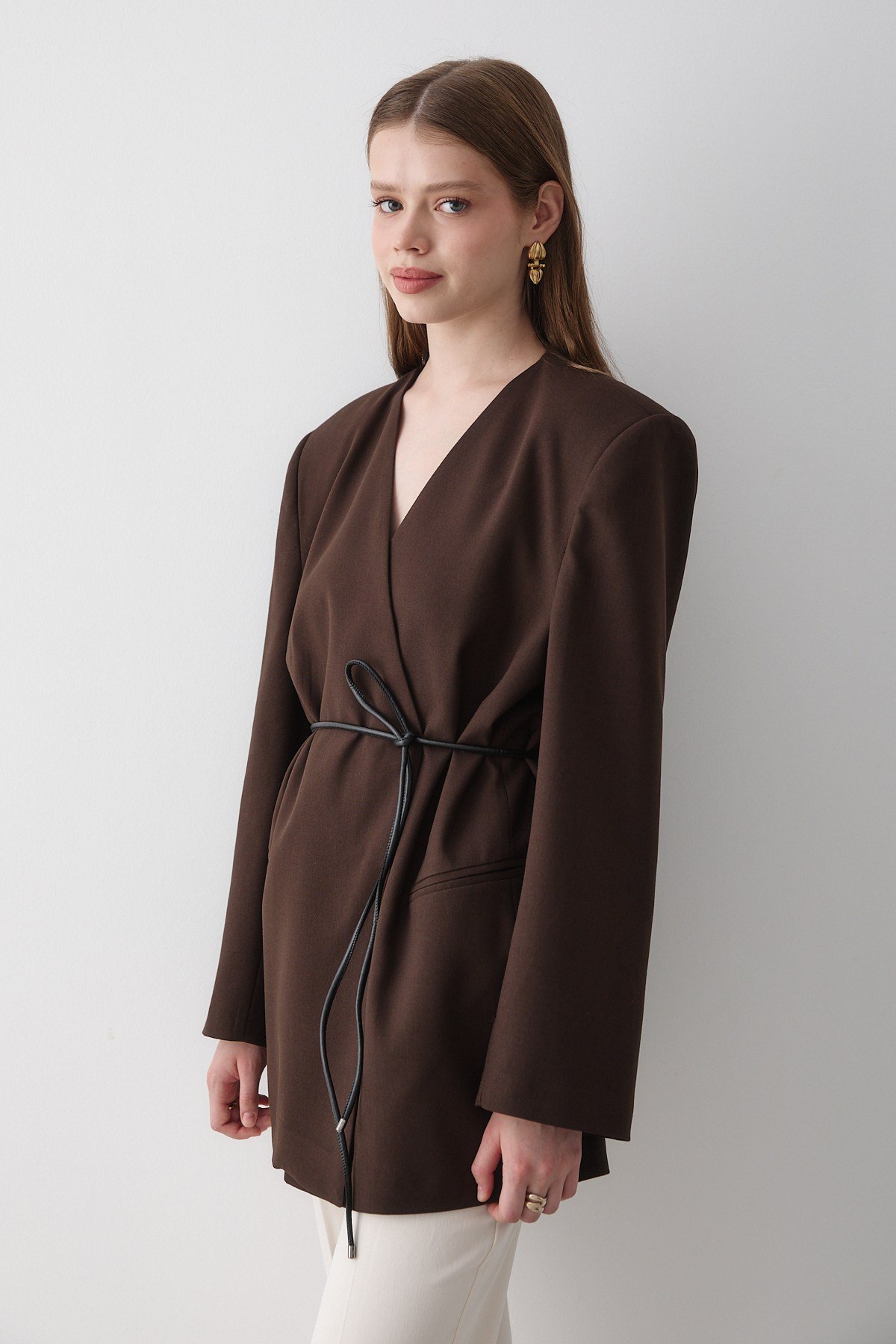 Kadın Kahverengi Kruvaze Kemer Detaylı Oversize Blazer Ceket