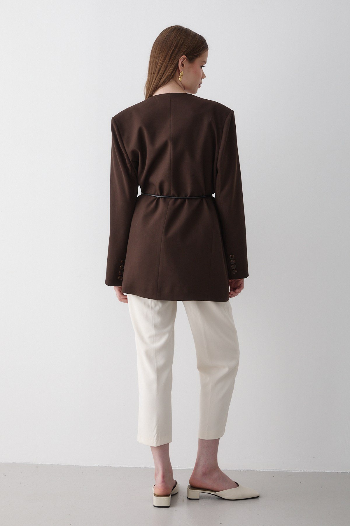 Kadın Kahverengi Kruvaze Kemer Detaylı Oversize Blazer Ceket