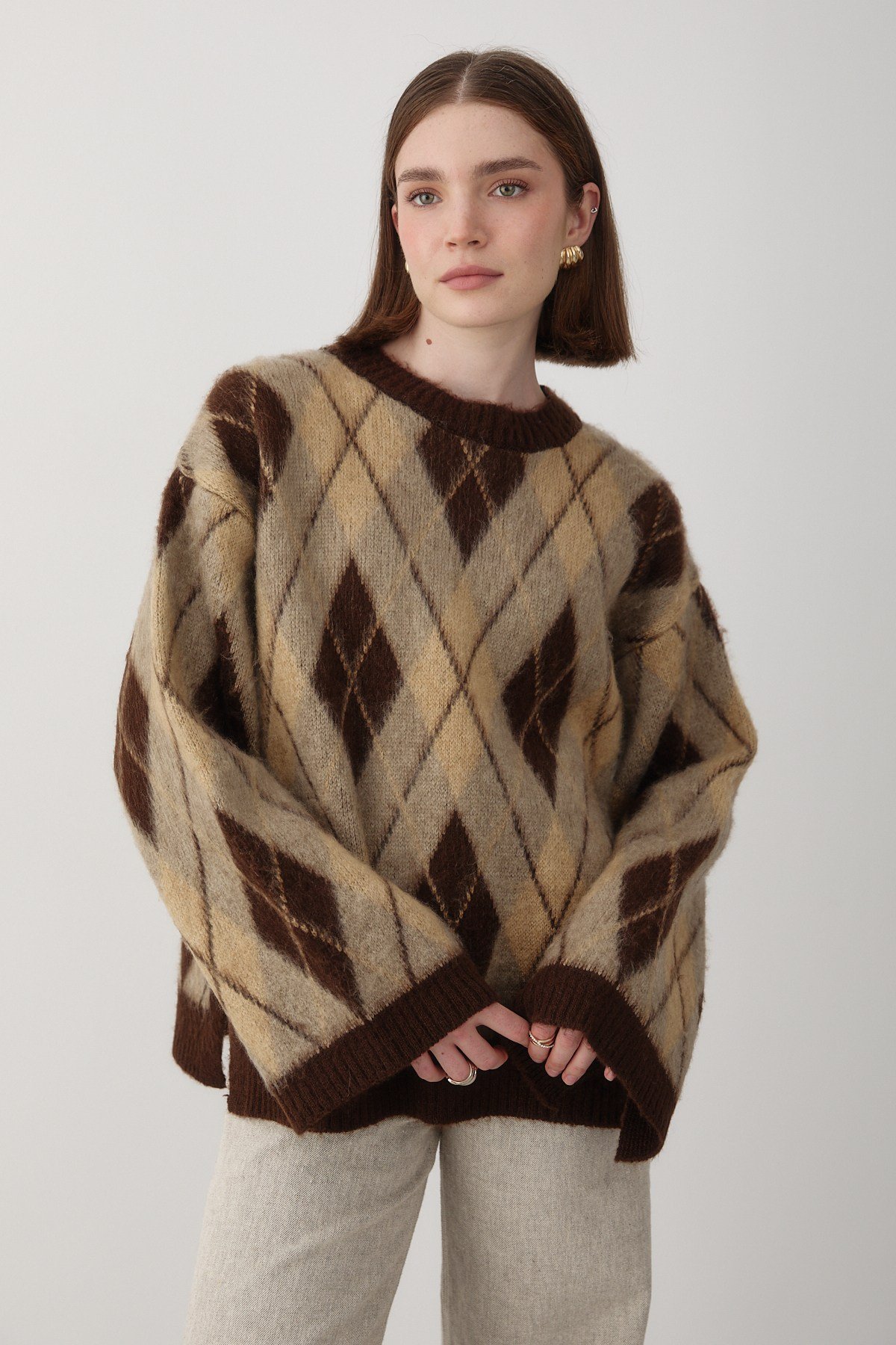 Kadın Kahverengi Oversize Argyle Desenli Triko Kazak