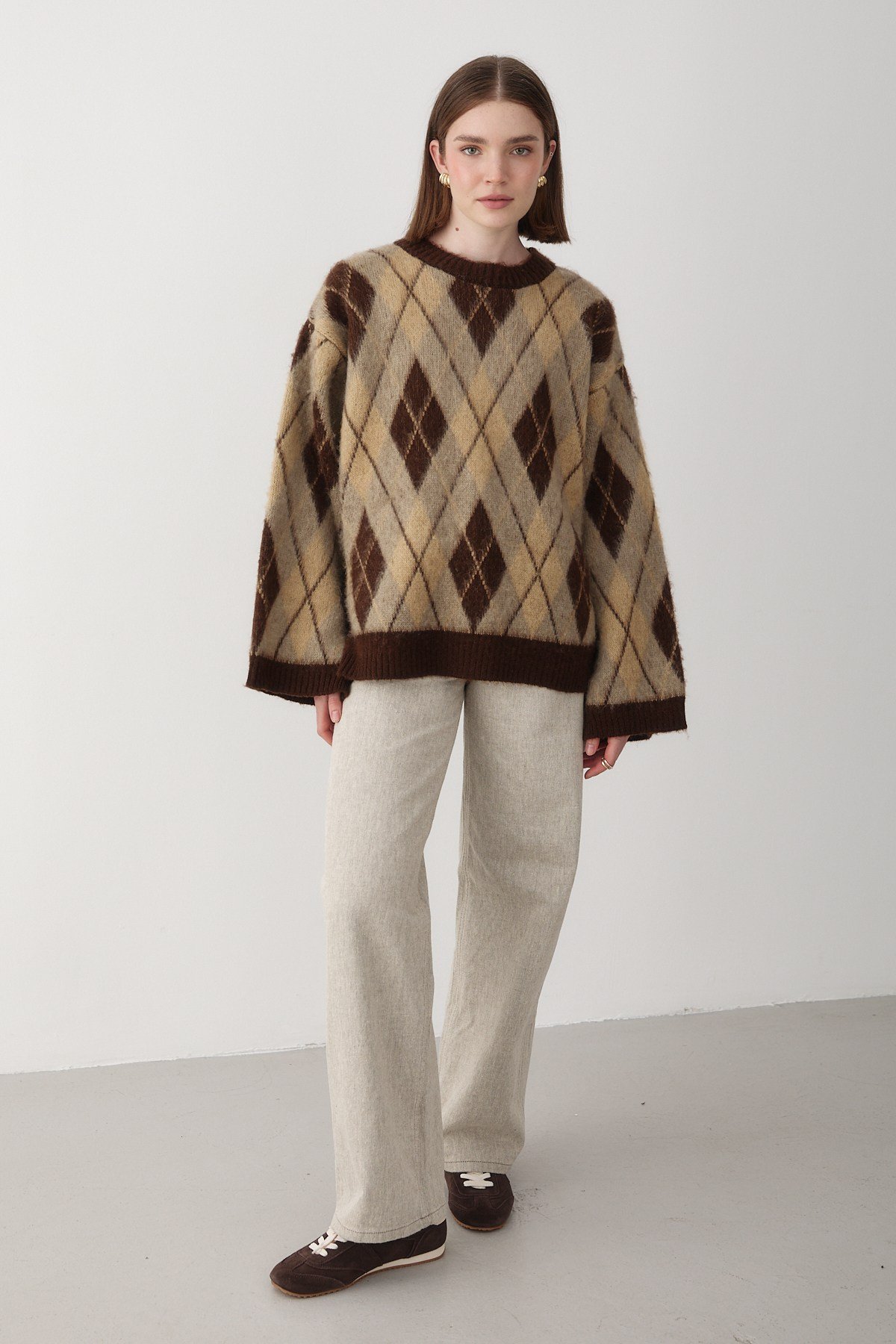 Kadın Kahverengi Oversize Argyle Desenli Triko Kazak