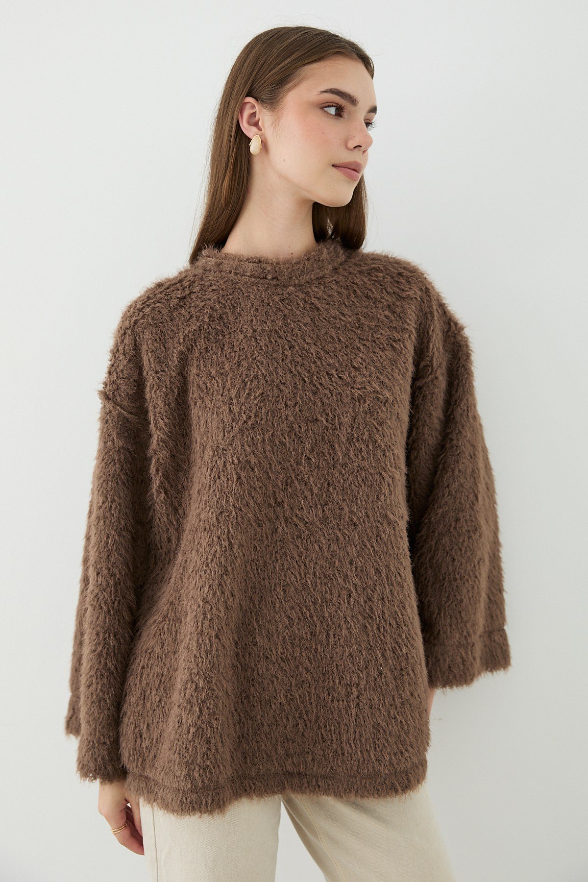 Kadın Kahverengi Oversize Peluş Kazak