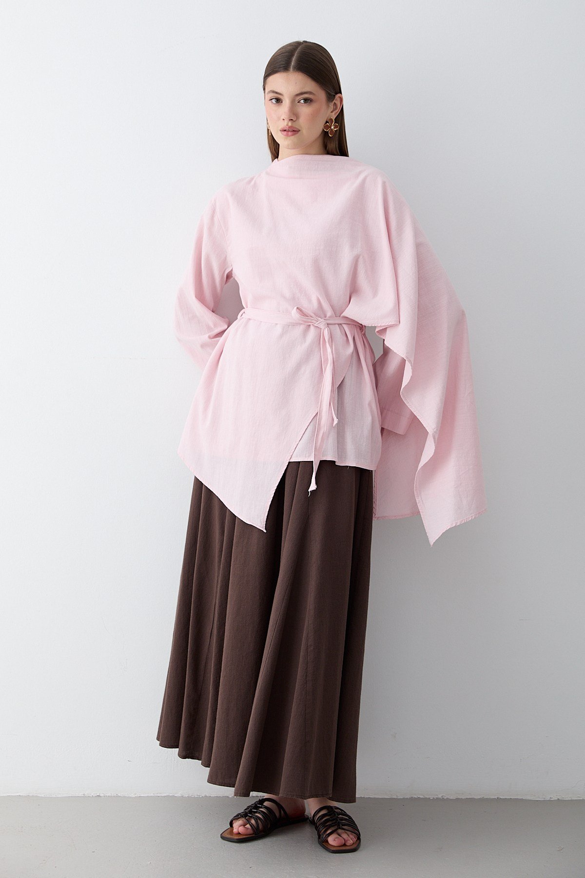 Kadın Keten Kuşaklı Fular Detaylı Tunik