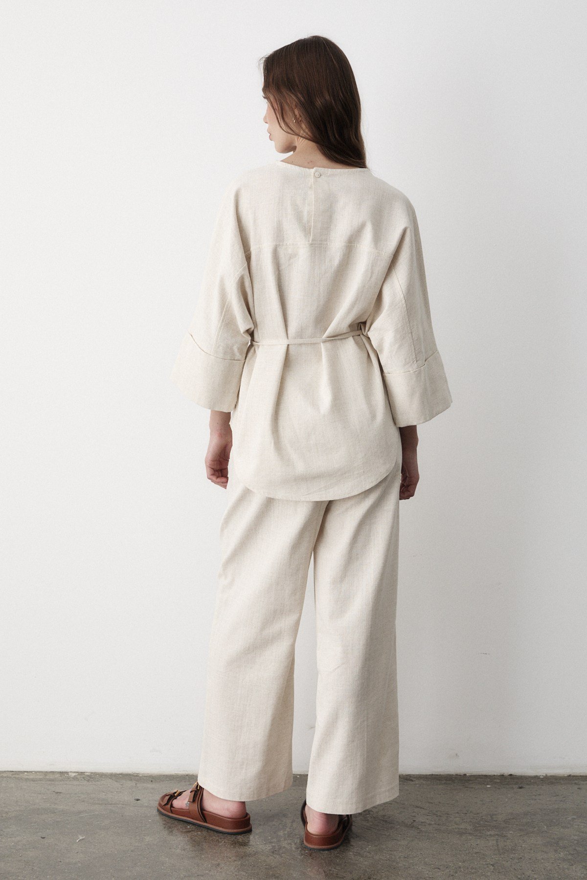Kadın Keten Oversize Üst Bluz & Lastikli Pantolon Bol Paça Alt & Üst Takım