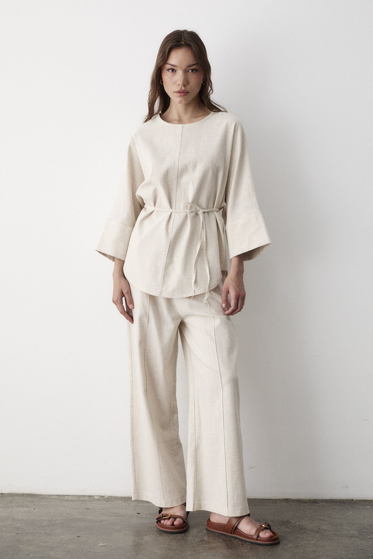 Kadın Keten Oversize Üst Bluz & Lastikli Pantolon Bol Paça Alt & Üst Takım