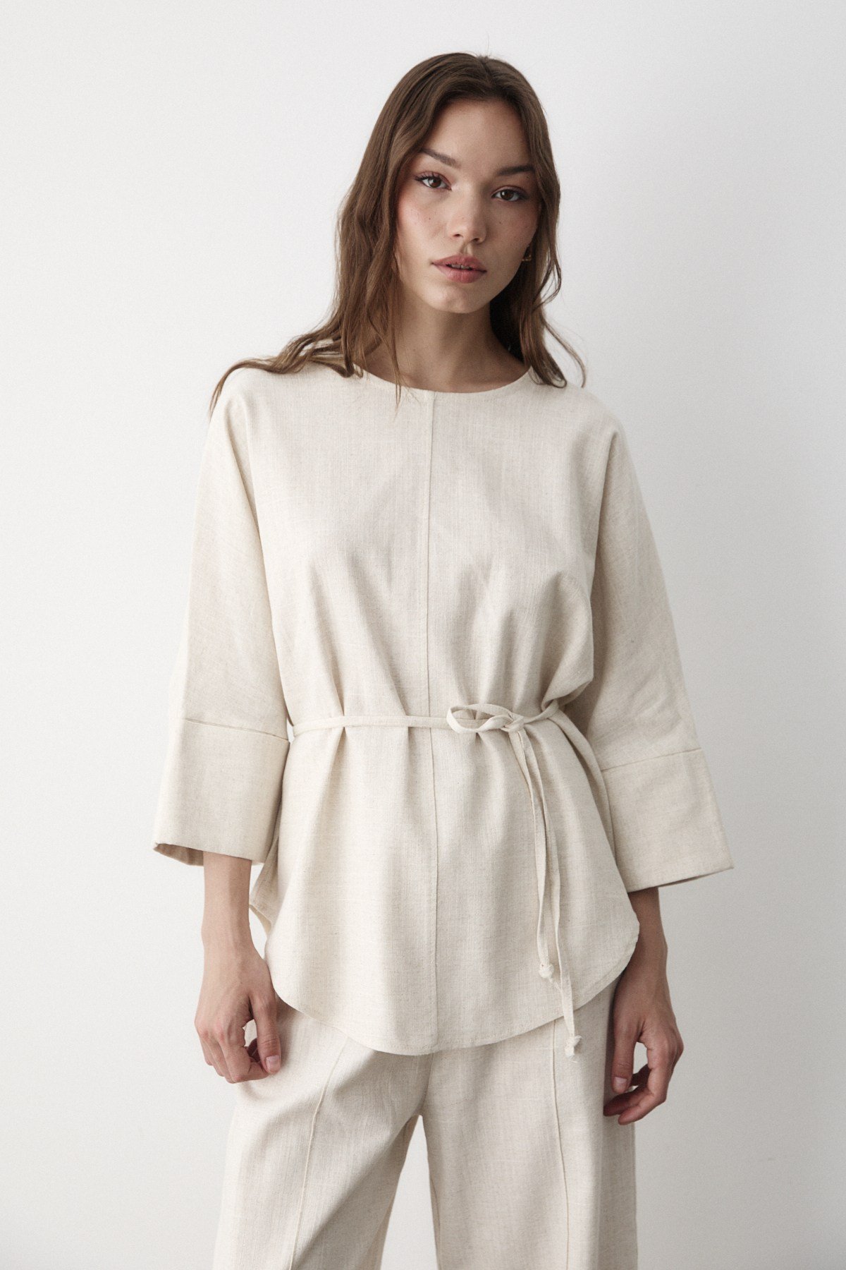 Kadın Keten Oversize Üst Bluz & Lastikli Pantolon Bol Paça Alt & Üst Takım