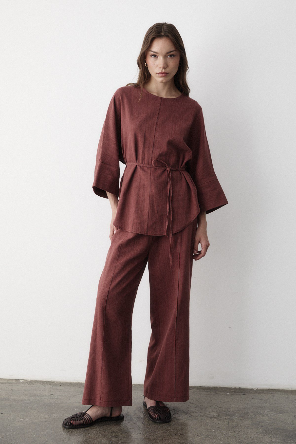 Kadın Kiremit Keten Oversize Üst Bluz & Lastikli Bol Paça Pantolon Alt & Üst Takım