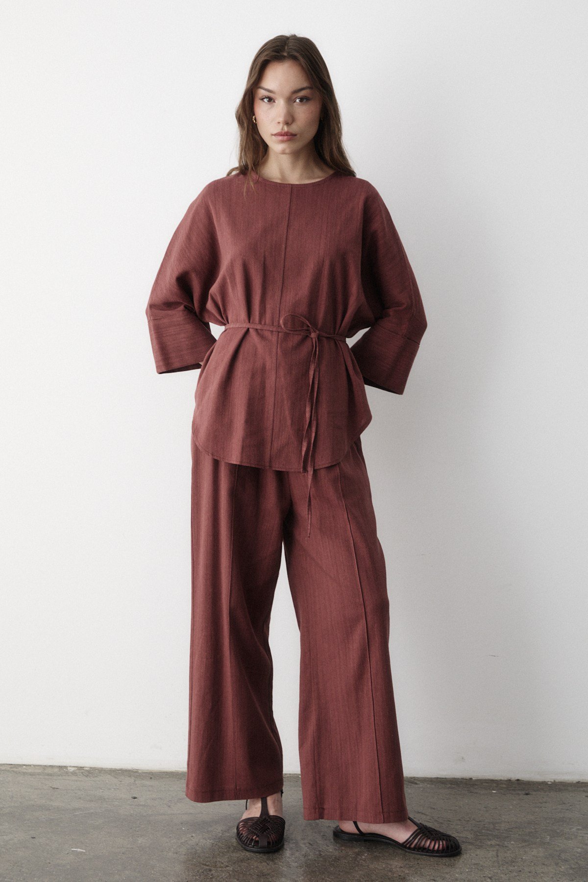 Kadın Kiremit Keten Oversize Üst Bluz & Lastikli Bol Paça Pantolon Alt & Üst Takım