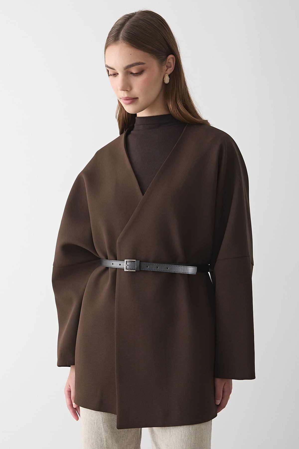 Kadın Kruvaze Yaka Kemer Detaylı Kimona KAHVERENGİ