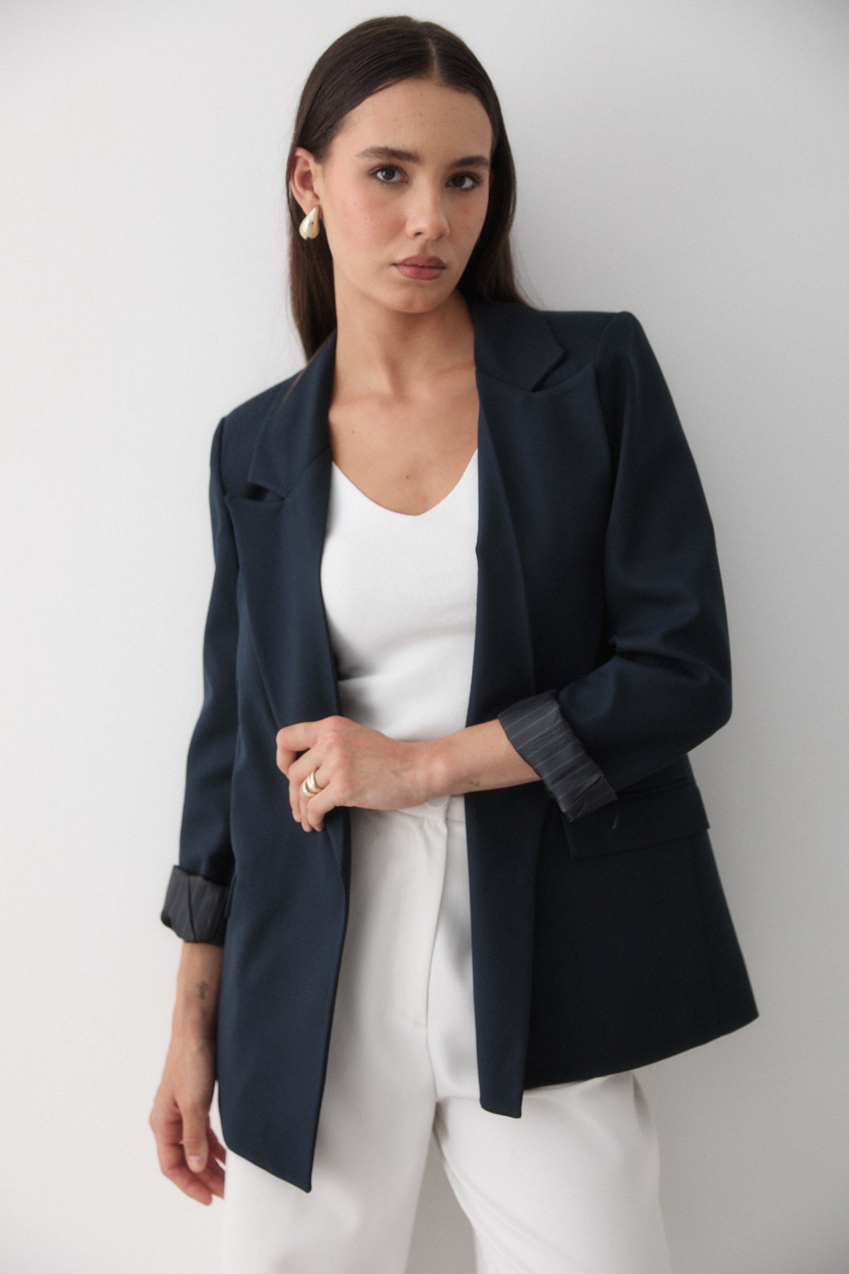 Kadın Lacivert Çizgili İçi Astarlı Kol Detaylı Blazer Ceket