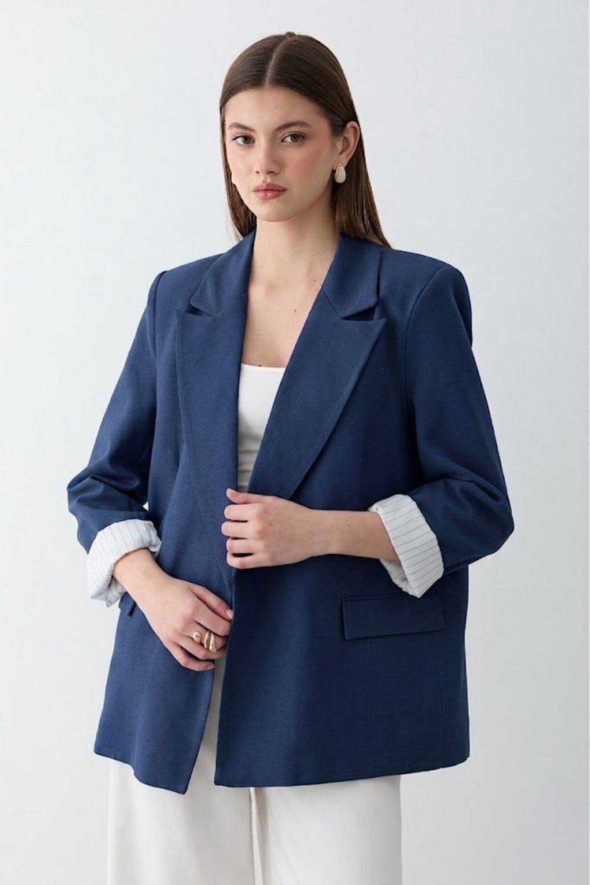 Kadın Lacivert Çizgili İçi Astarlı Kol Detaylı Blazer Ceket