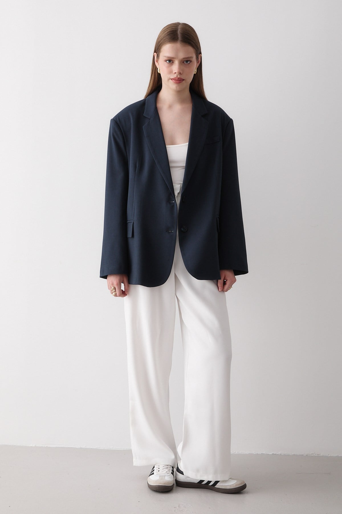 Kadın Lacivert Düğme Detaylı Oversize Blazer Ceket