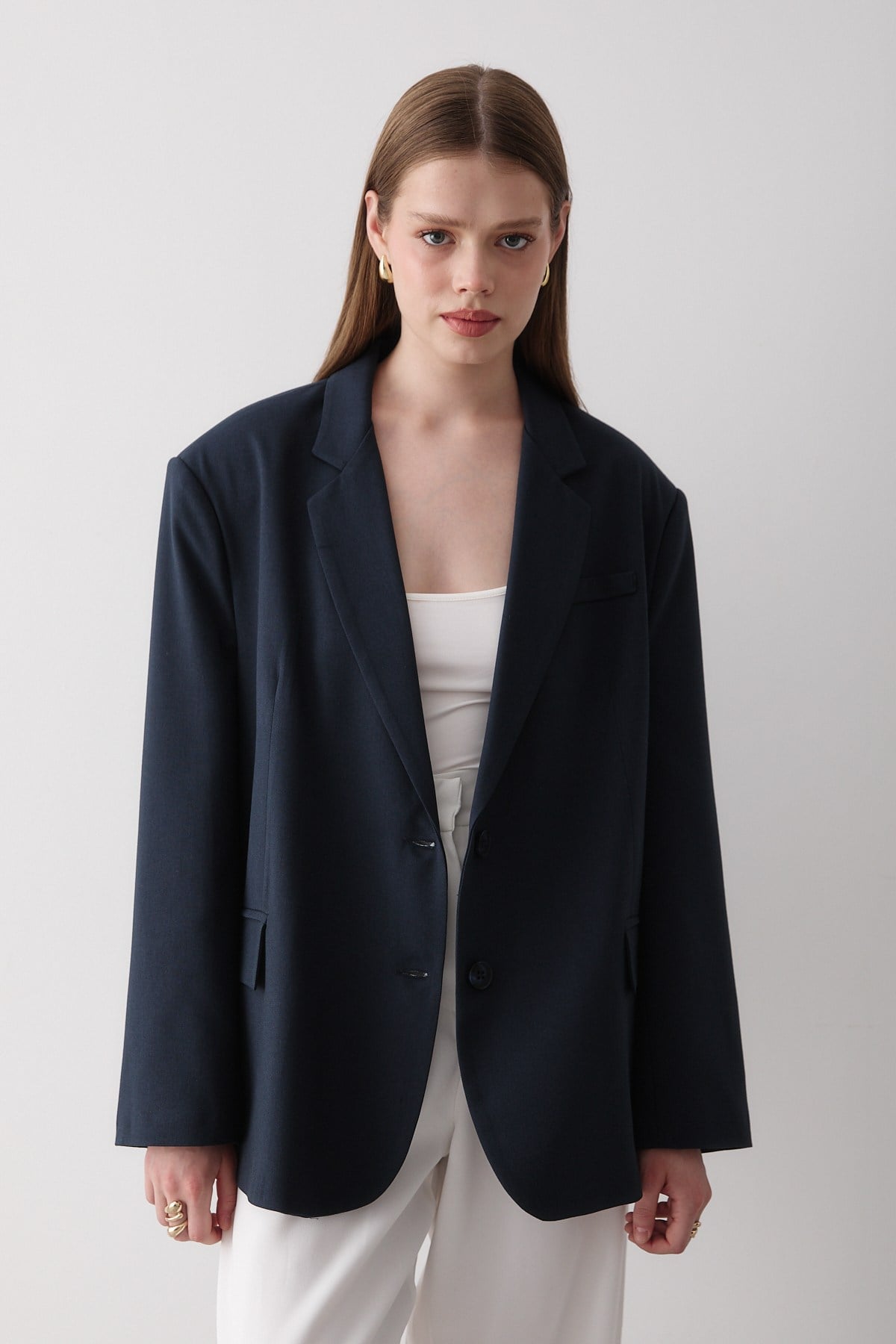 Kadın Lacivert Düğme Detaylı Oversize Blazer Ceket