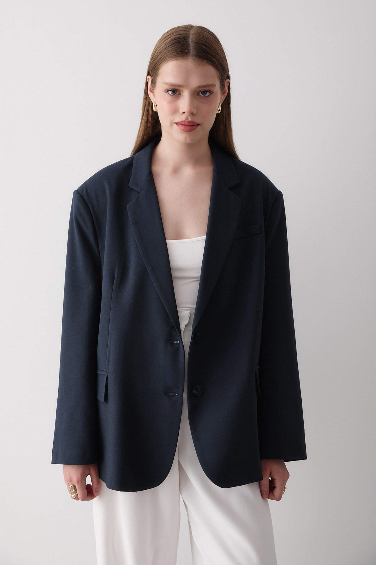 Kadın Lacivert Düğme Detaylı Oversize Blazer Ceket