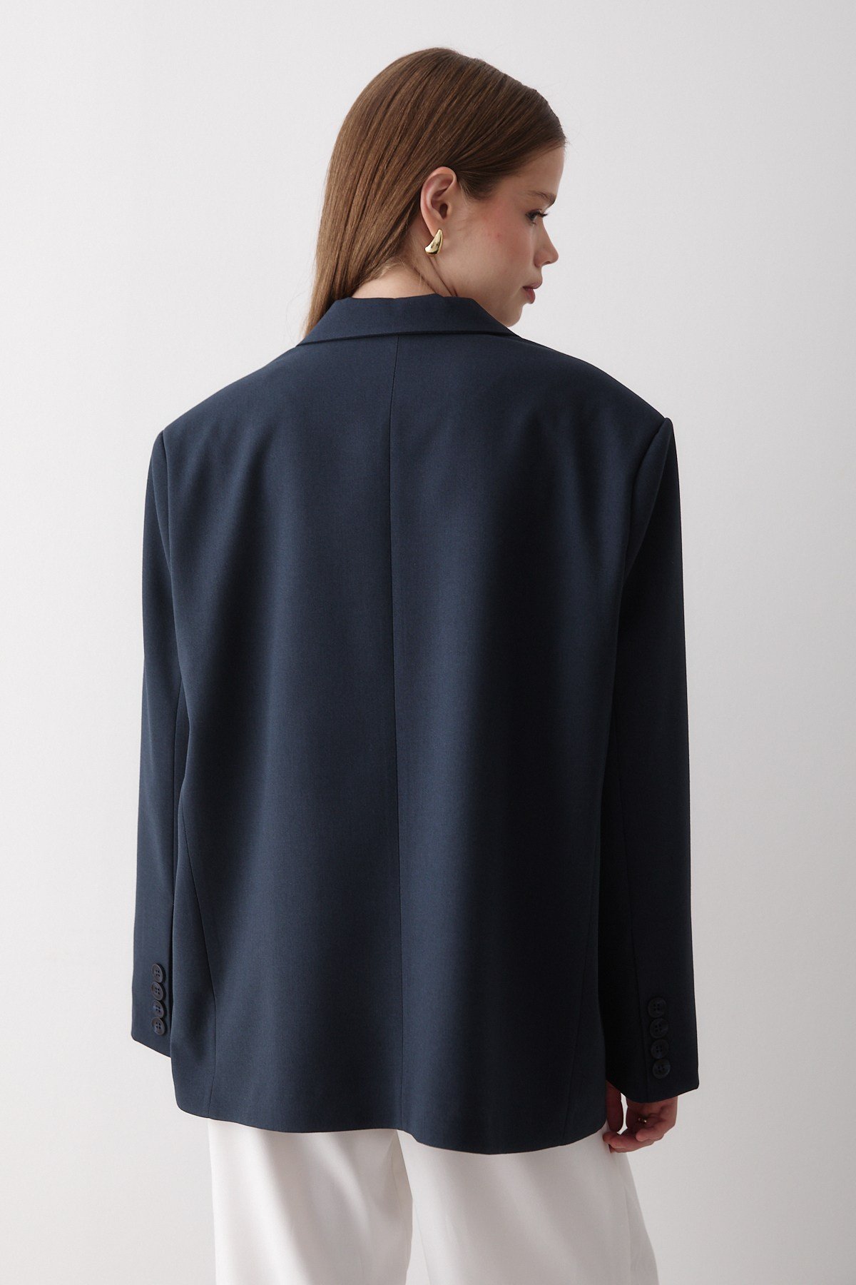 Kadın Lacivert Düğme Detaylı Oversize Blazer Ceket