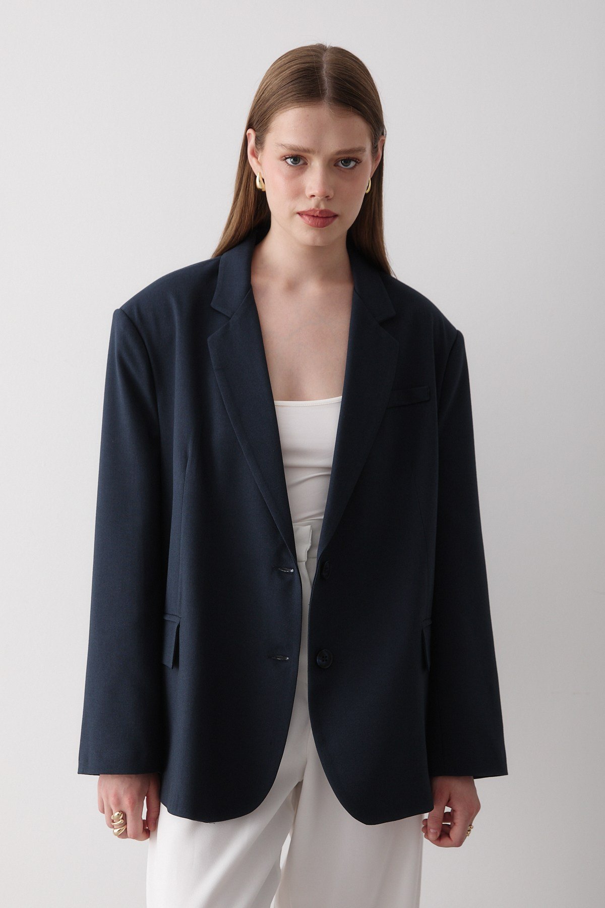 Kadın Lacivert Düğme Detaylı Oversize Blazer Ceket