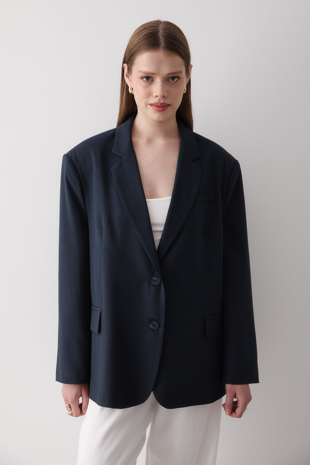 Kadın Lacivert Düğme Detaylı Oversize Blazer Ceket
