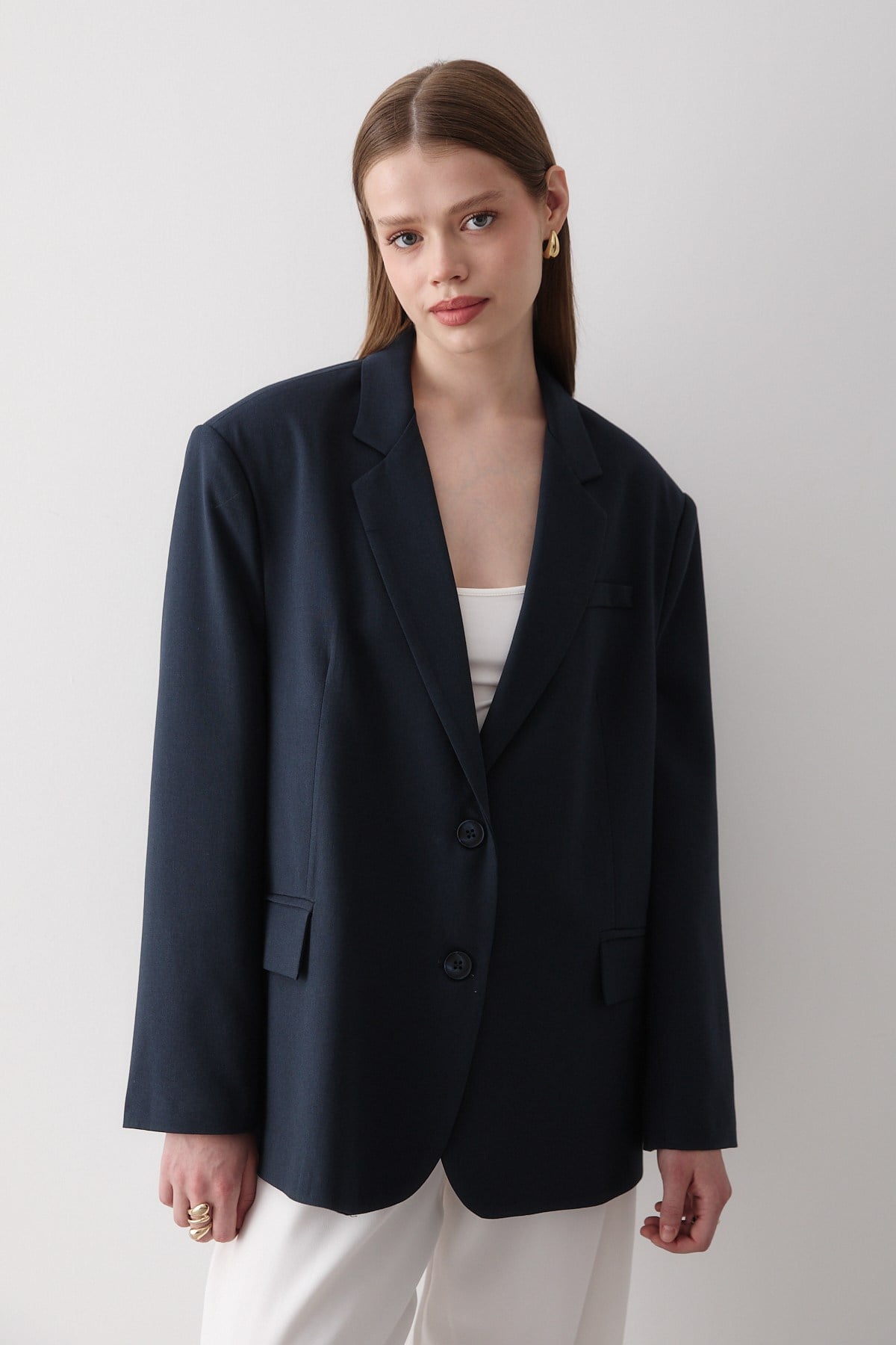 Kadın Lacivert Düğme Detaylı Oversize Blazer Ceket