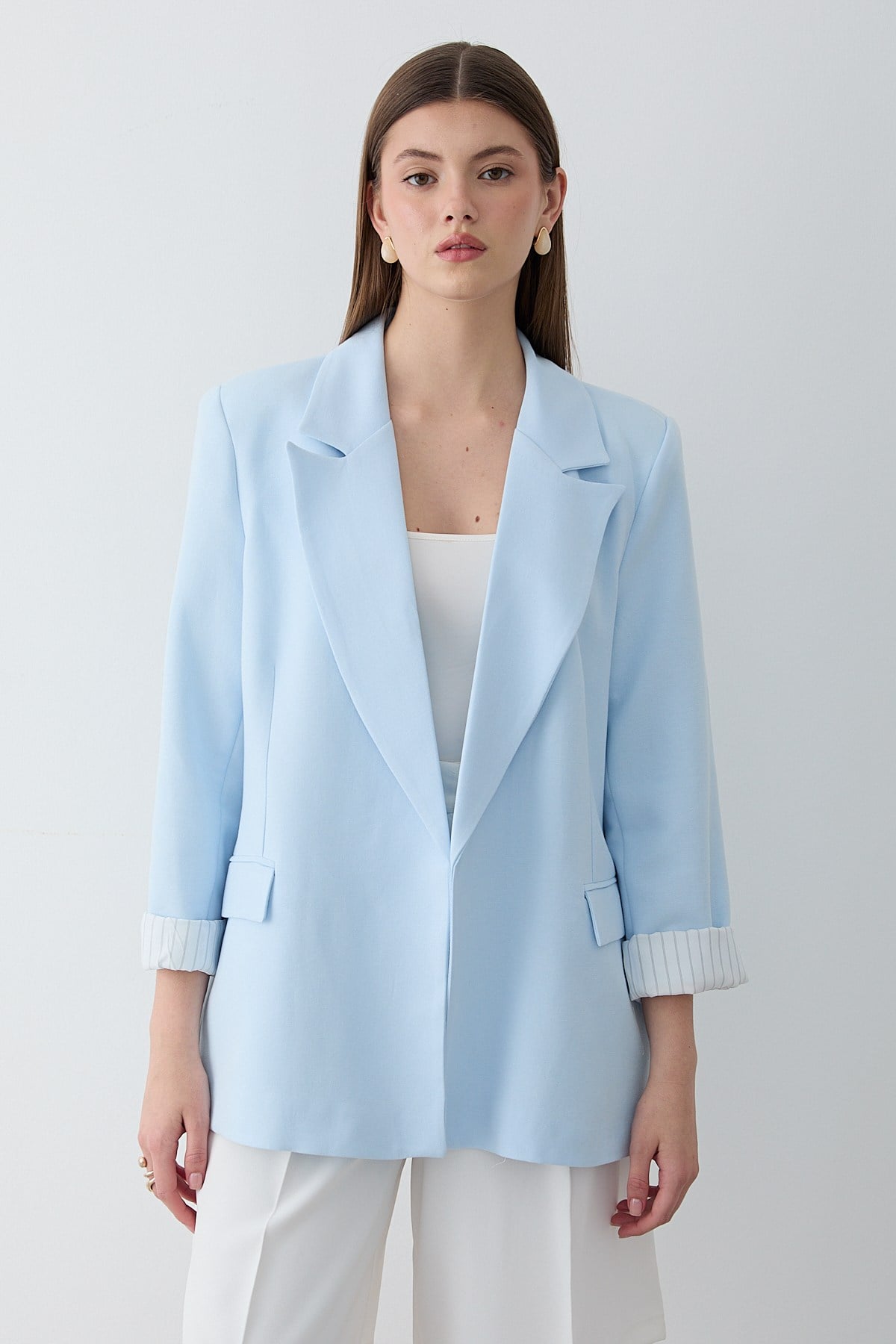 Kadın Mavi Çizgili İçi Astarlı Kol Detaylı Blazer Ceket