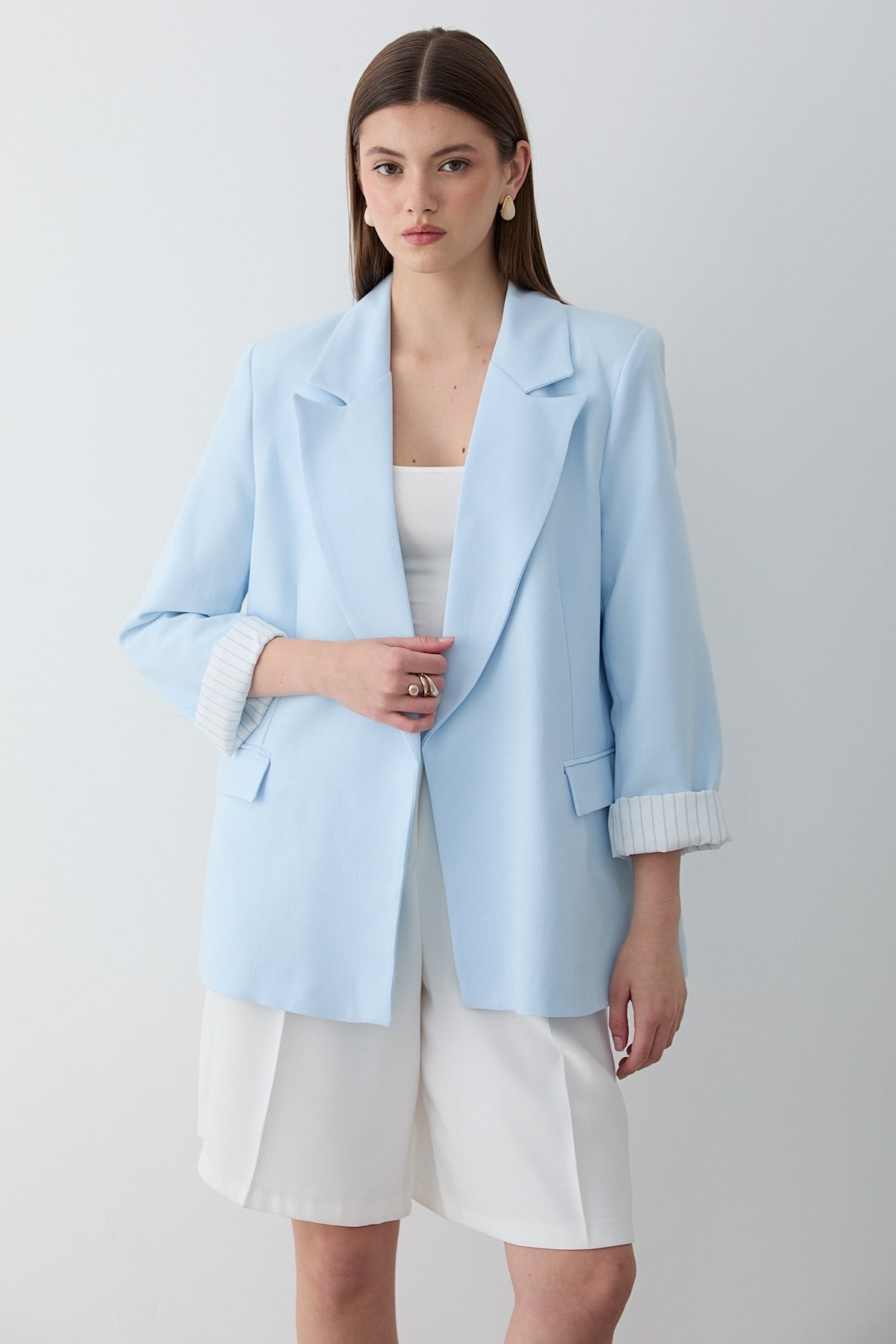 Kadın Mavi Çizgili İçi Astarlı Kol Detaylı Blazer Ceket