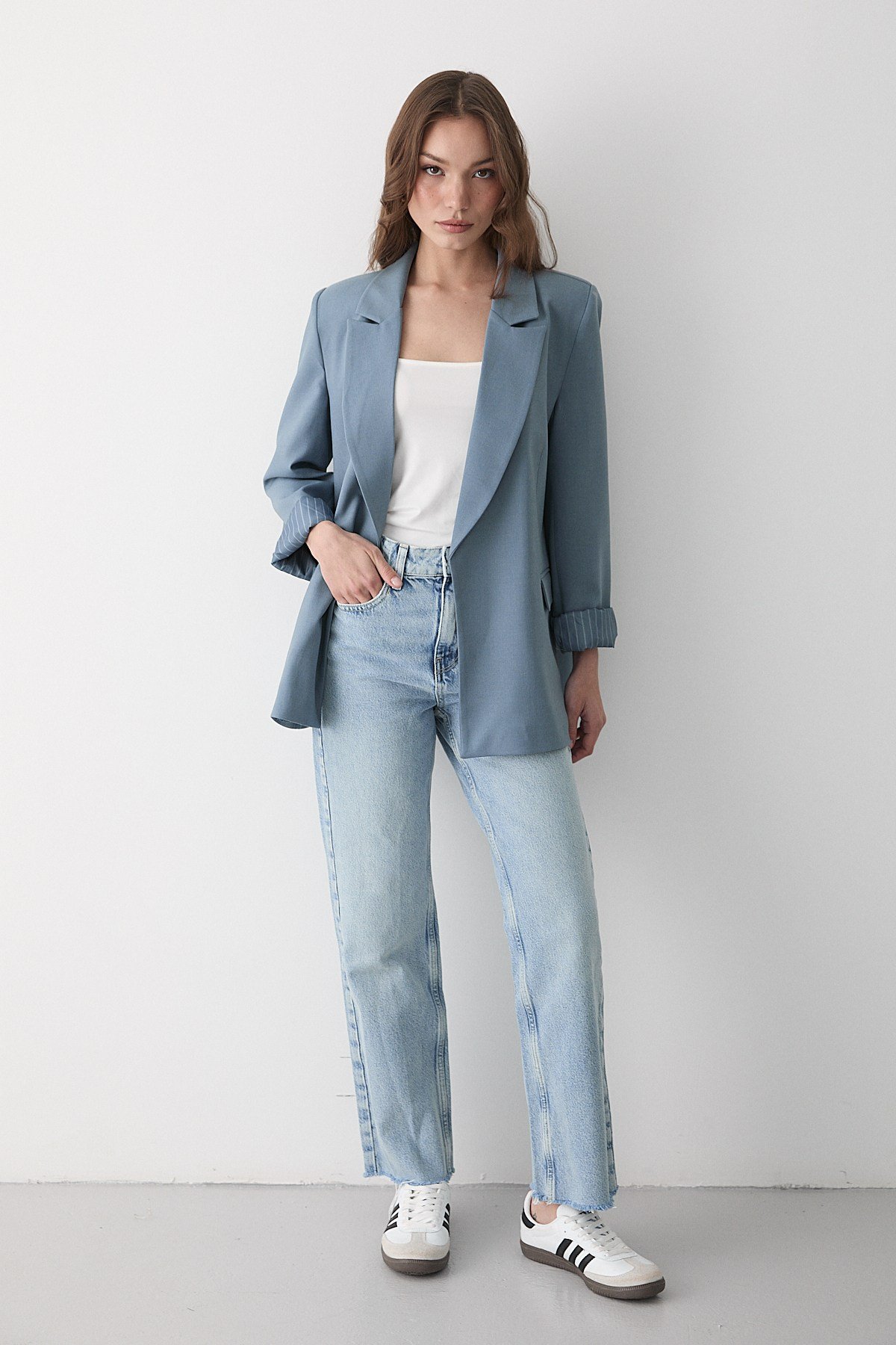 Kadın Mavi Çizgili Içi Astarlı Kol Detaylı Blazer Ceket