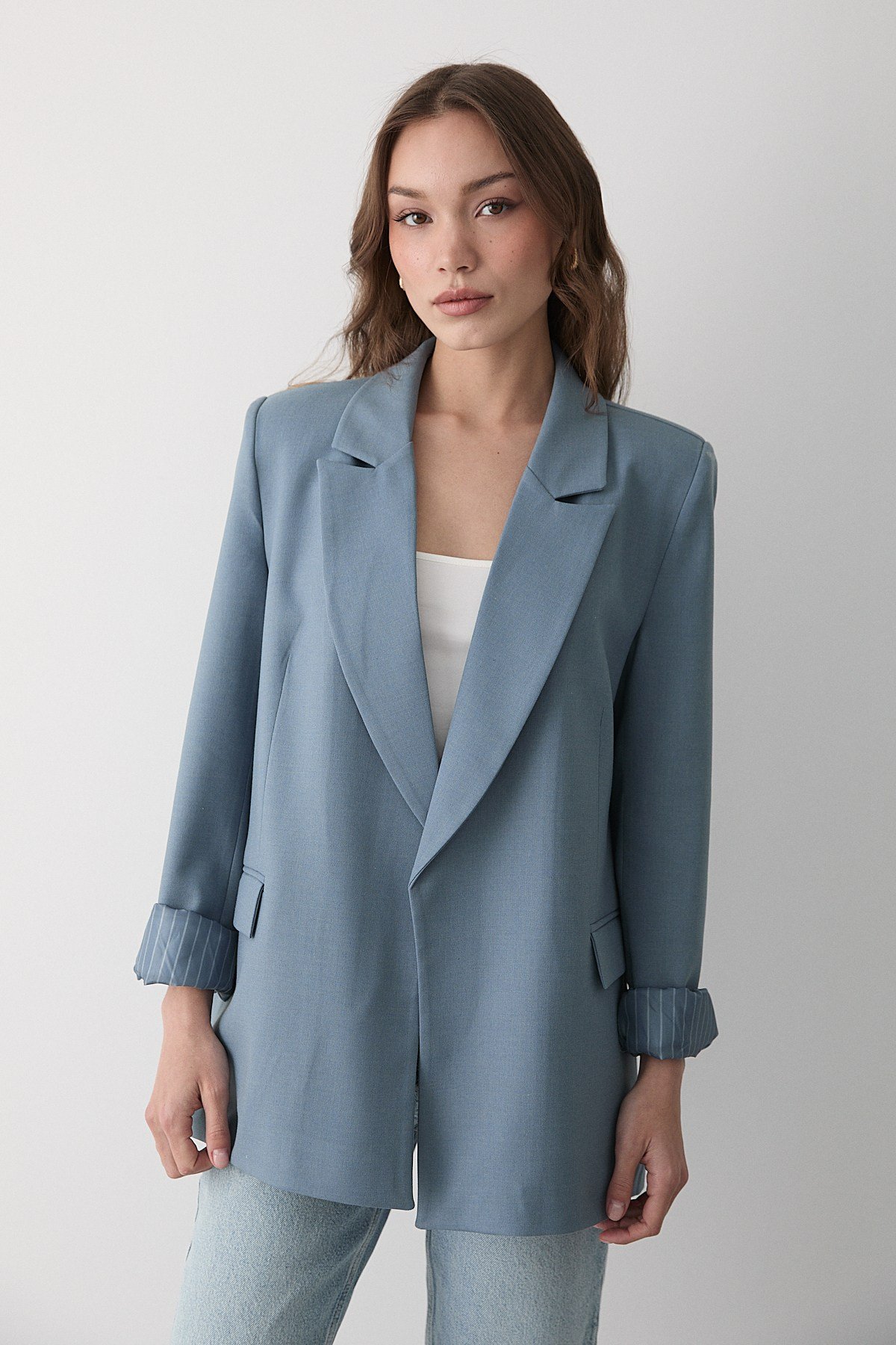 Kadın Mavi Çizgili Içi Astarlı Kol Detaylı Blazer Ceket