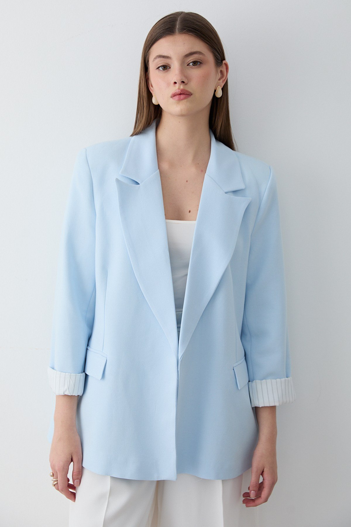 Kadın Mavi Çizgili İçi Astarlı Kol Detaylı Blazer Ceket