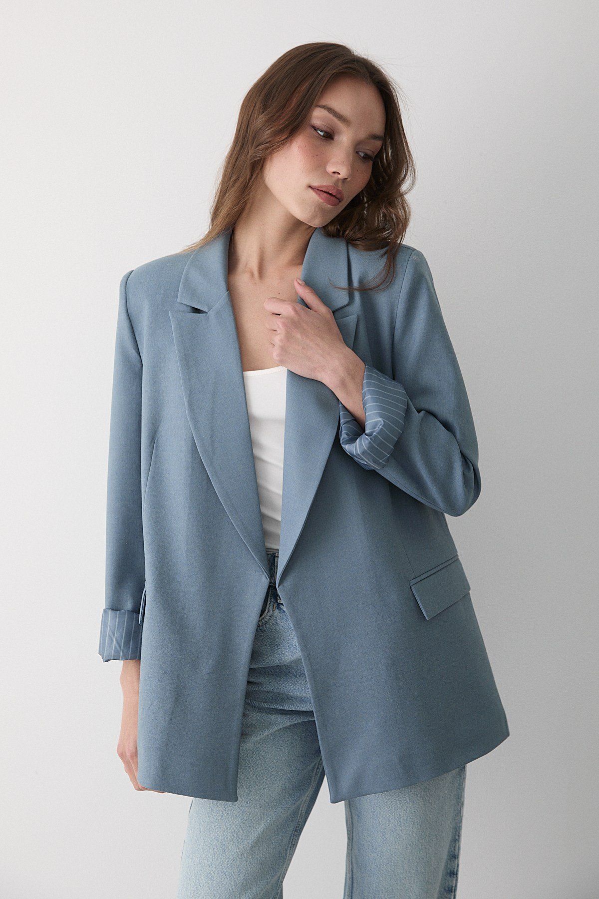 Kadın Mavi Çizgili Içi Astarlı Kol Detaylı Blazer Ceket