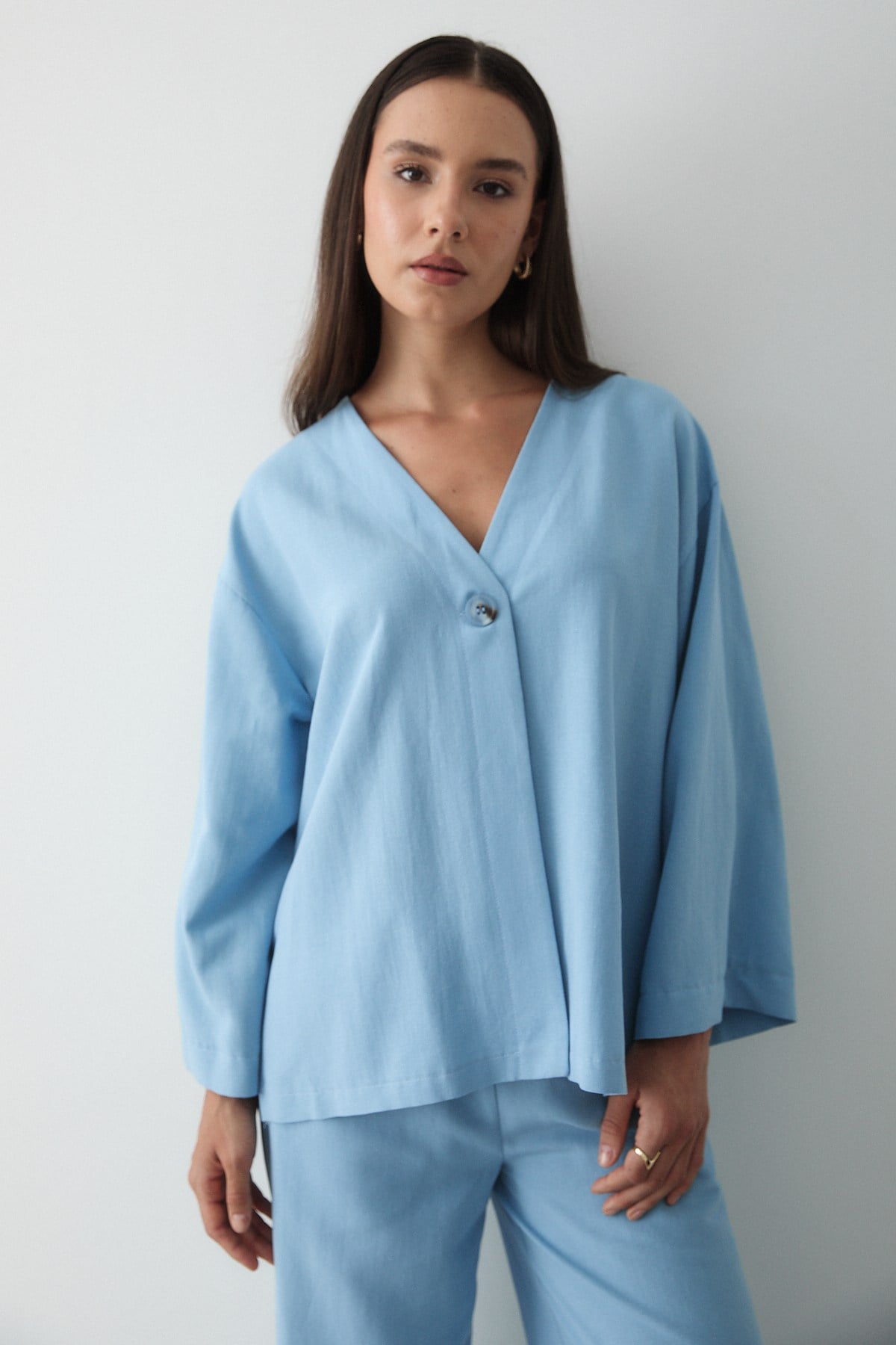 Kadın Mavi Düğmeli V Yaka Kimono & Beli Lastikli Pantolon Keten Alt & Üst Takım