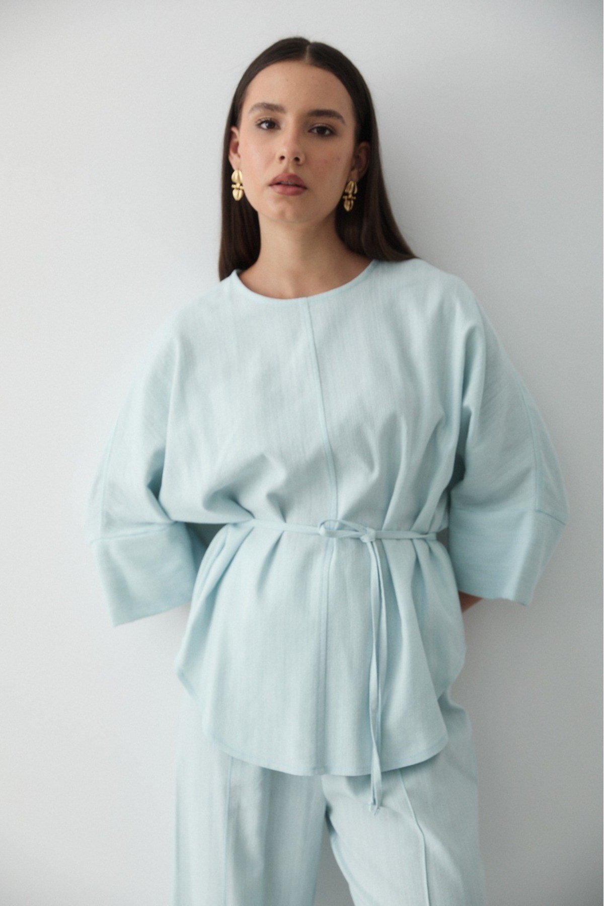 Kadın Mavi Keten Oversize Üst Bluz & Lastikli Bol Paça Pantolon Alt & Üst Takım