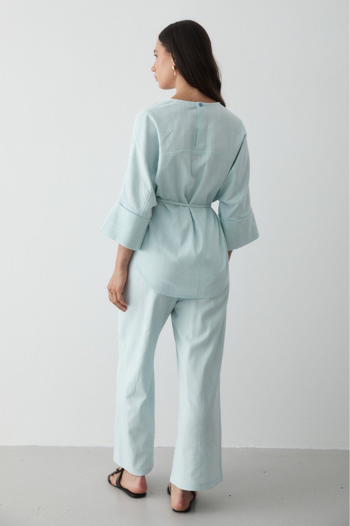 Kadın Mavi Keten Oversize Üst Bluz & Lastikli Bol Paça Pantolon Alt & Üst Takım