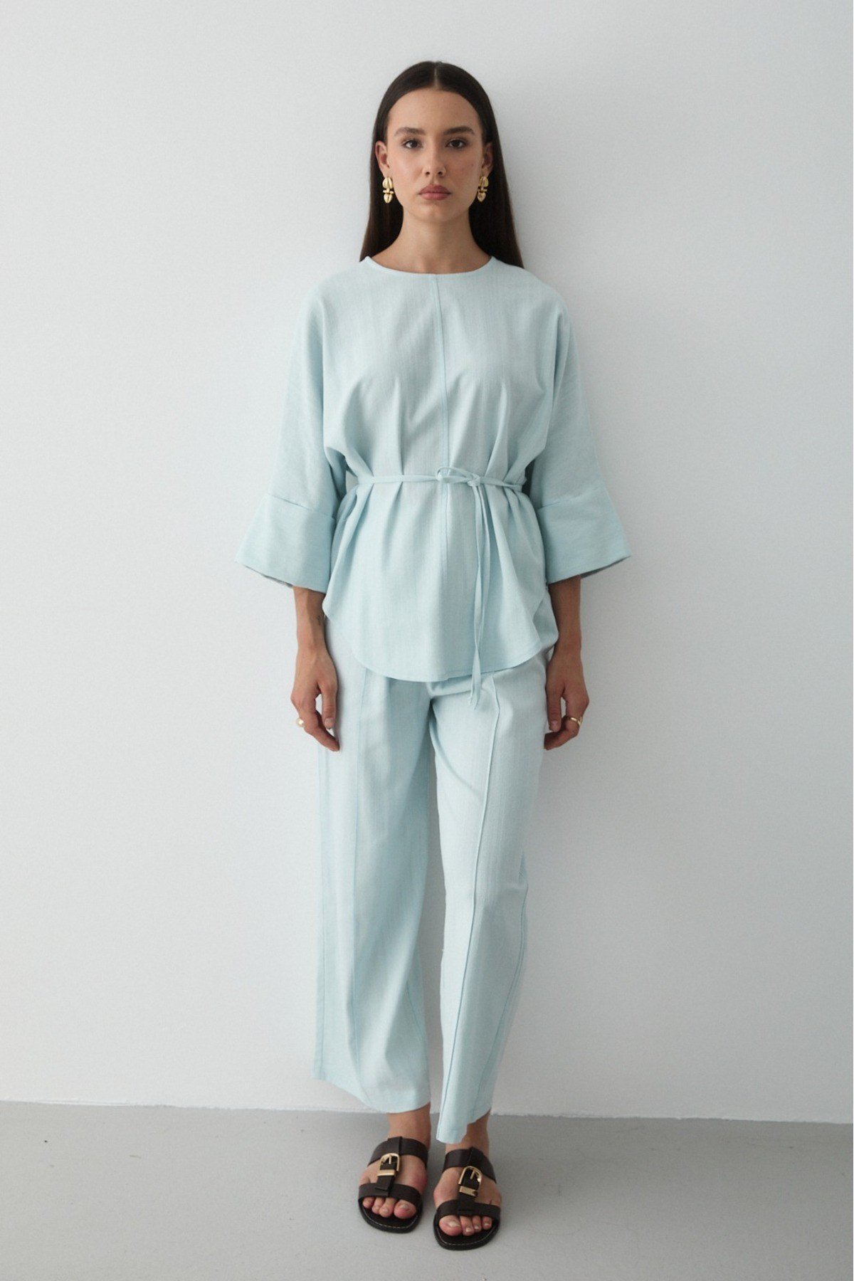 Kadın Mavi Keten Oversize Üst Bluz & Lastikli Bol Paça Pantolon Alt & Üst Takım